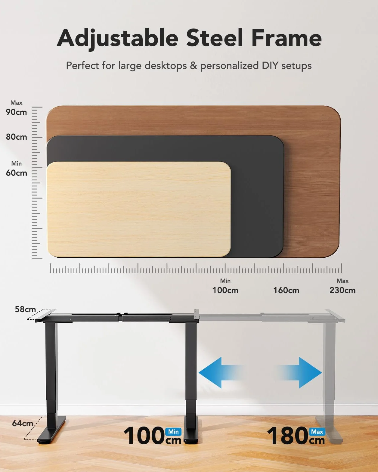 HUANUO Estructura de Escritorio de Altura Ajustable con Dos Motores, Patas de Mesa de 3 Niveles, Altura Regulable para hogar y Oficina, Acero Resistente, Capacidad de Carga de 120 kg, Controlador de