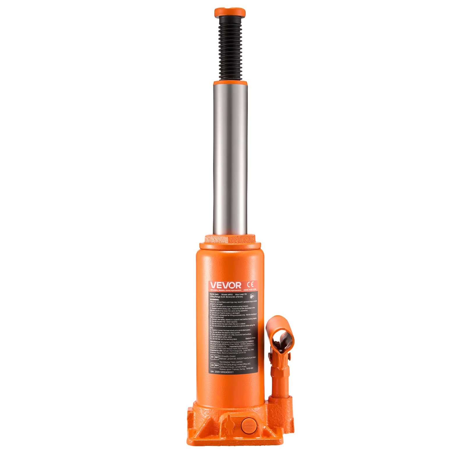 VEVOR Gato Hidráulico de Botella 10 T, Elevación 235-470 mm, Naranja