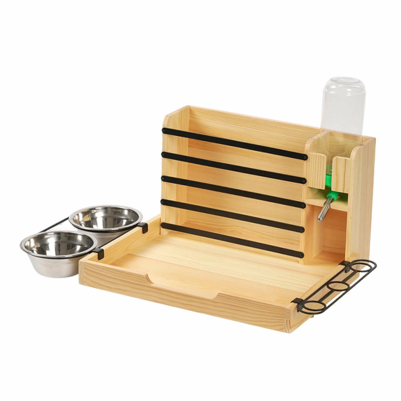 Alimentador para de Conejo Estación Alimenticia con Estructura de Madera Comedero de Acero Inoxidable Bandeja Sanitaria y Bebedero Adecuado para