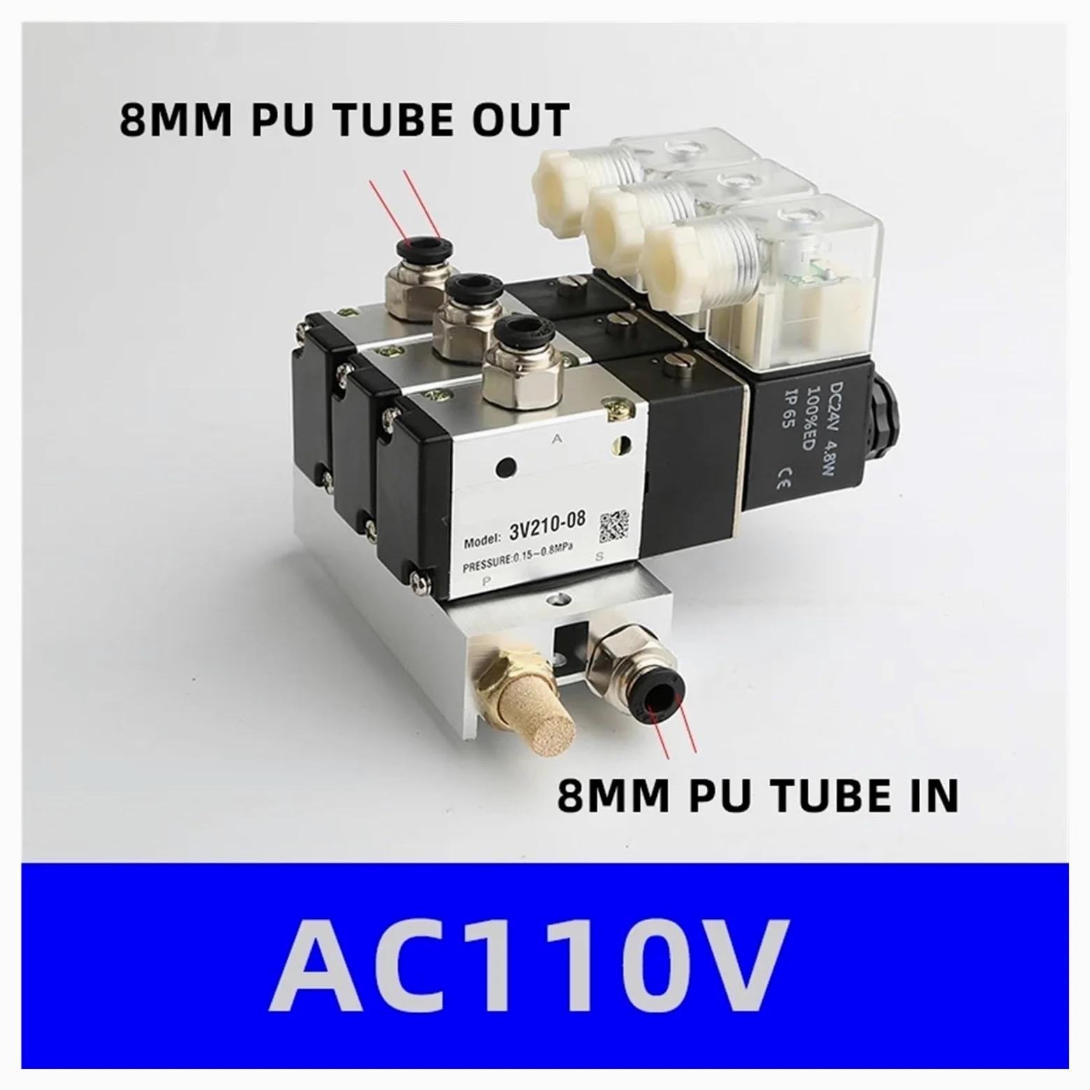 Bloque de electroválvulas normalmente cerradas con base for silenciador, colector DCAC 110 V/220 V, 3 puertos(Ac110v 8 in 8 Out)
