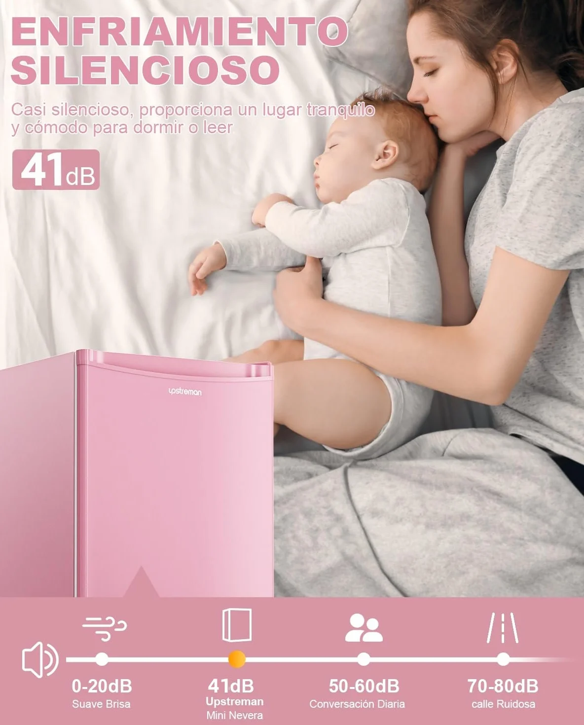 Upstreman Frigorífico con Congelador 91L Compacto Mini Nevera Eficiencia Energética E Silencioso BR321-rosa