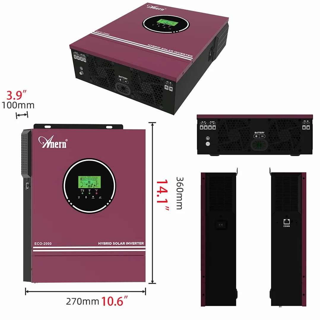 Anern 12V 2KW Inversor Solar híbrido Fuera de la Red Inversor Solar DC12V A AC230V con Cargador Solar MPPT de 80A Máx PV 400V DC Funciona con Acumuladores de Baterías de Litio de 12V