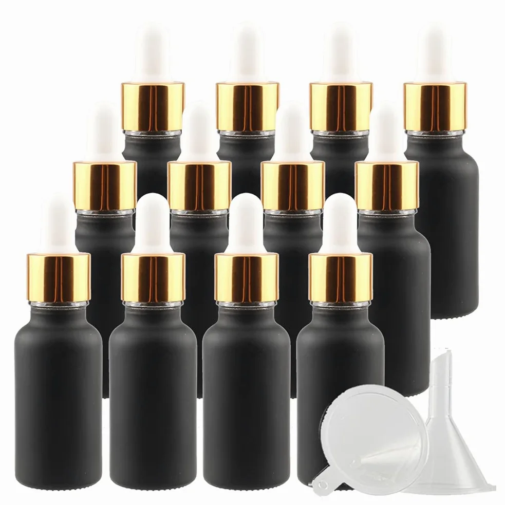24 Pieza 20ml Negro Mate Botellas de Cristal con Pipeta, 20 ml Frasco Cuentagotas Cristal con Tapón de Rosca Oro, Botella de Vidrio con Cuentagotas para Aceite Esencial Aromaterapia