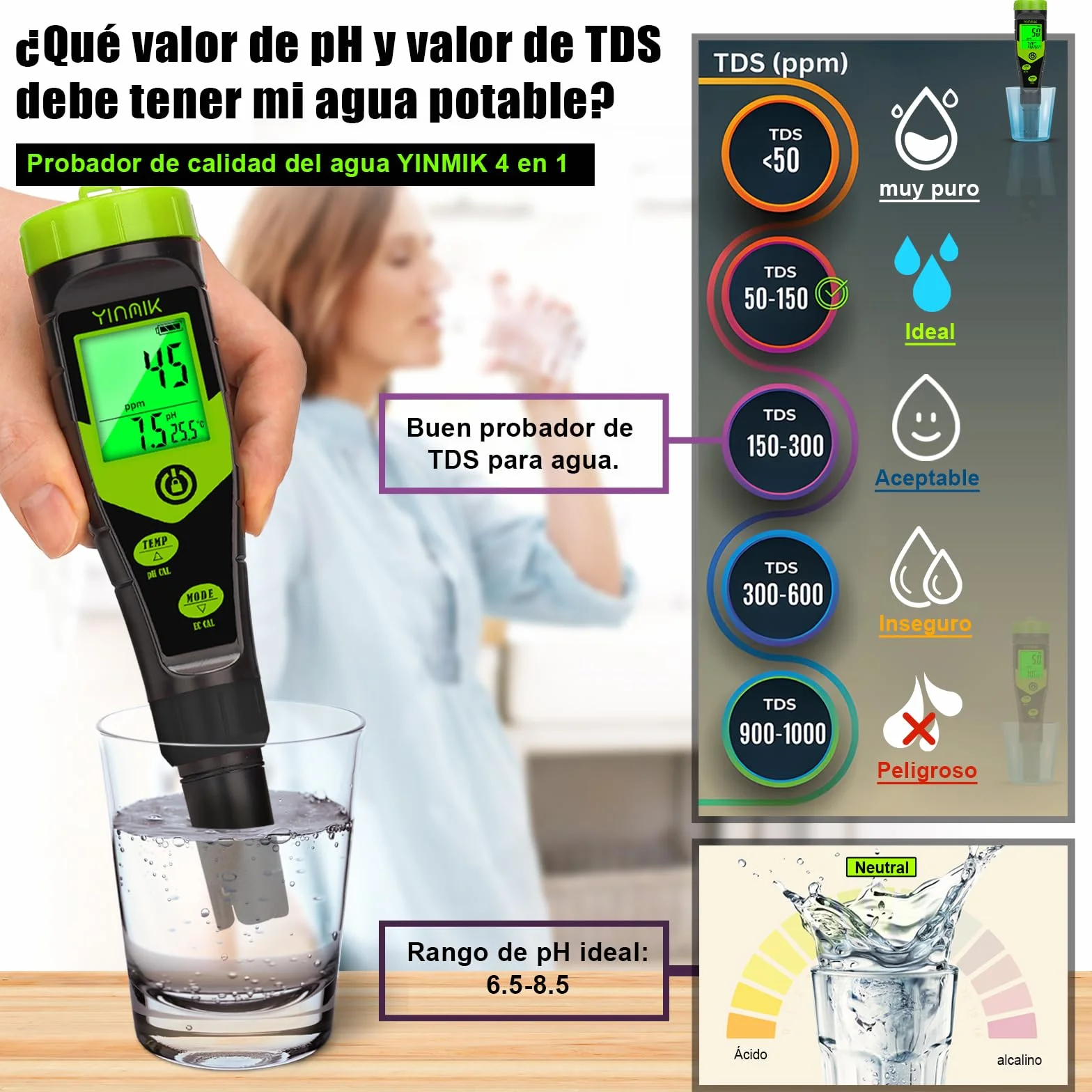 YINMIK Medidor de pH y TDS Digital 4 en 1, Probador de pH PPM Conductividad con Solución de Calibración para Piscina Agua Potable