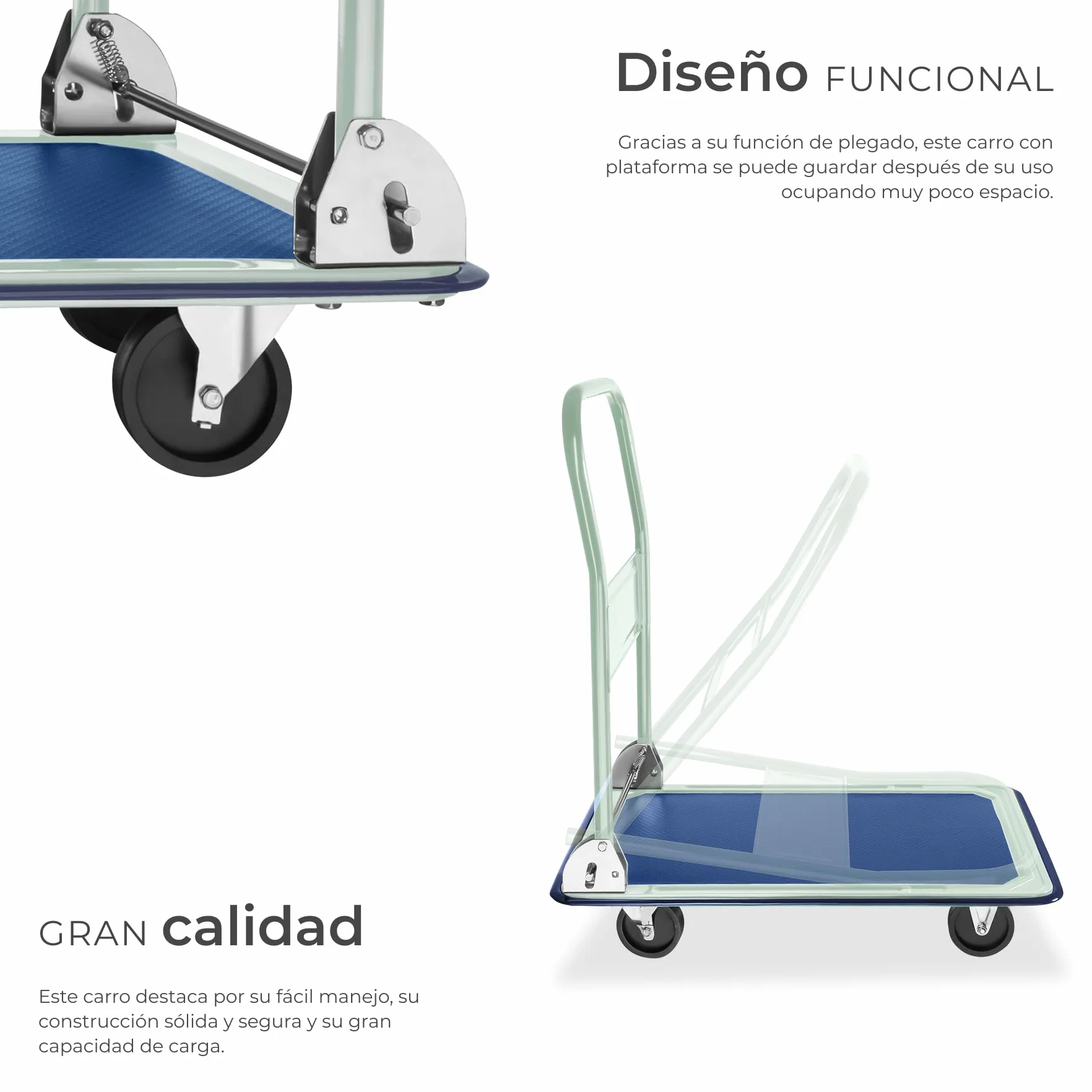 Tectake Carretilla Plegable de Mano 150 Kilos, Carro Transporte con 2 Ruedas Fijas y 2 Giratorias, 73x47x83 cm