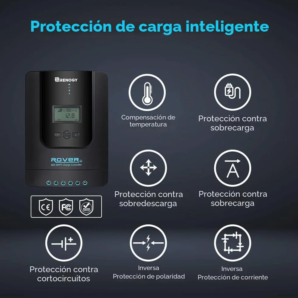 Renogy Regulador de Carga Solar MPPT 40A 12V/24V con Pantalla LCD Ajustable y Entrada DC Compatible con Módulo Bluetooth