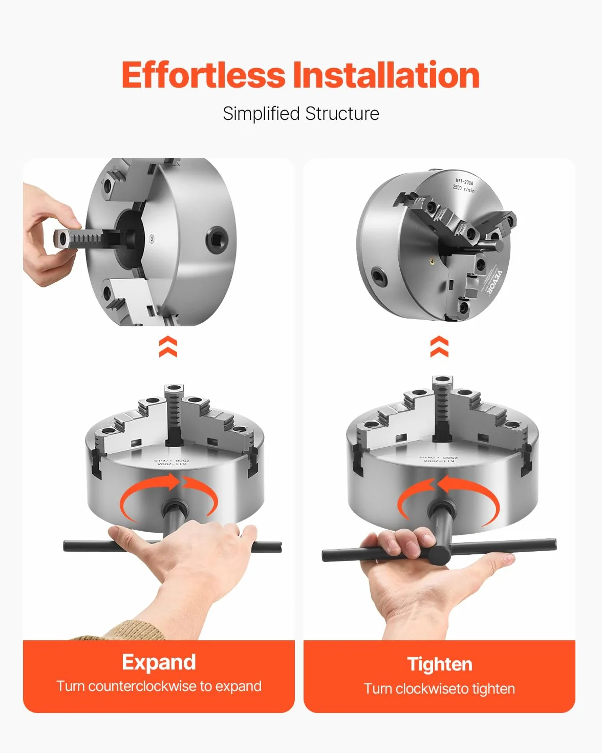 VEVOR Mandril de Torno de 3 Mordazas Diámetro Exterior de 200 mm, Autocentrante con Placa de Soporte Roscada, Rango de Sujeción de 4-200 mm con Tornillos de Llave en T para Torno de Madera y Metal