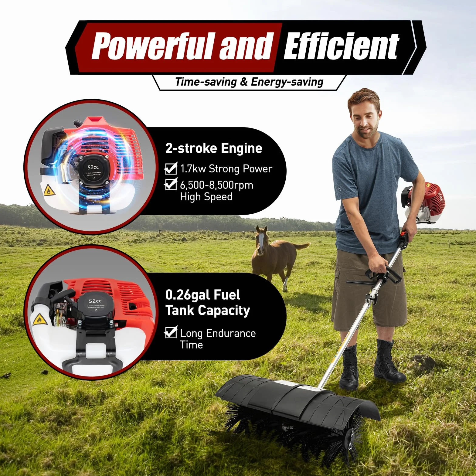 Barredora de gasolina de 1,7 kW, 2,3 CV, 2 tiempos, 52 cc, gasolina, refrigerado por aire, con correa trasera, escoba quitanieves, escoba quitanieves para limpieza de césped, hojas, nieve
