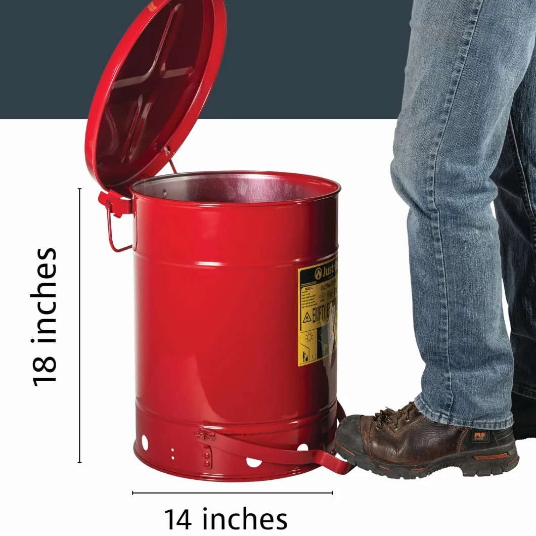 Justrite 09300 - Lata de seguridad para desechos oleosos, de acero galvanizado, con pedal de pie, 34 litros de capacidad, 354 mm de diámetro exterior x 464 mm de altura, rojo