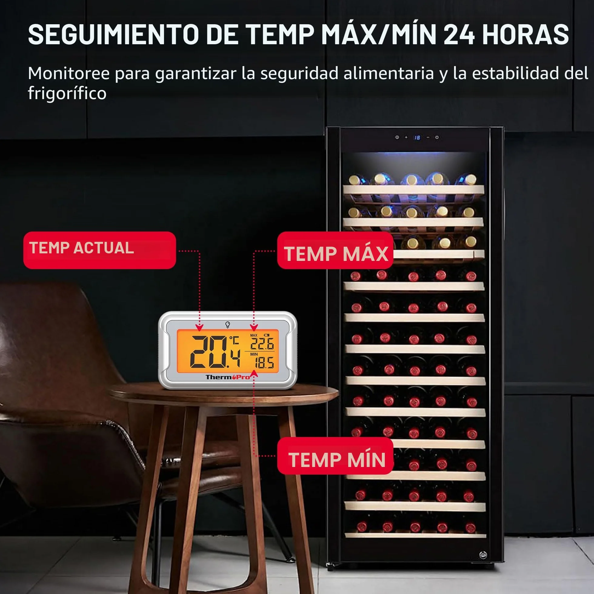 ThermoPro TP110 Termómetro Frigorífico Digital, Nevera y Congelador con Pantalla LCD, Registro MAX/MIN 24h, IPX6 Impermeable