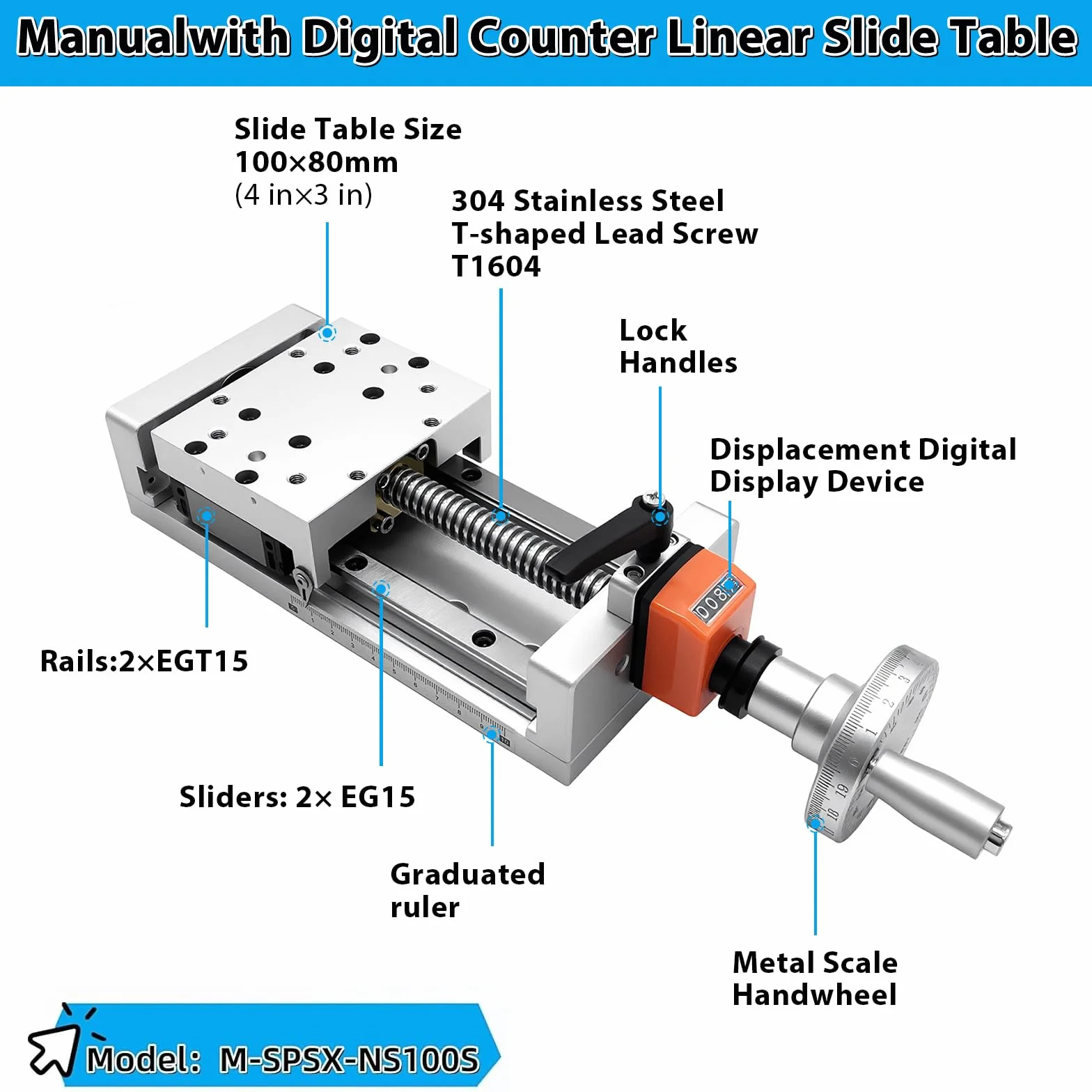 Mesa deslizante de movimiento lineal manual con autobloqueo, pantalla digital, módulo lineal, doble riel, eje Z, carga máxima horizontal: 220 lb (100 kg), 8'' (200 mm) para CNC y bricolaje.