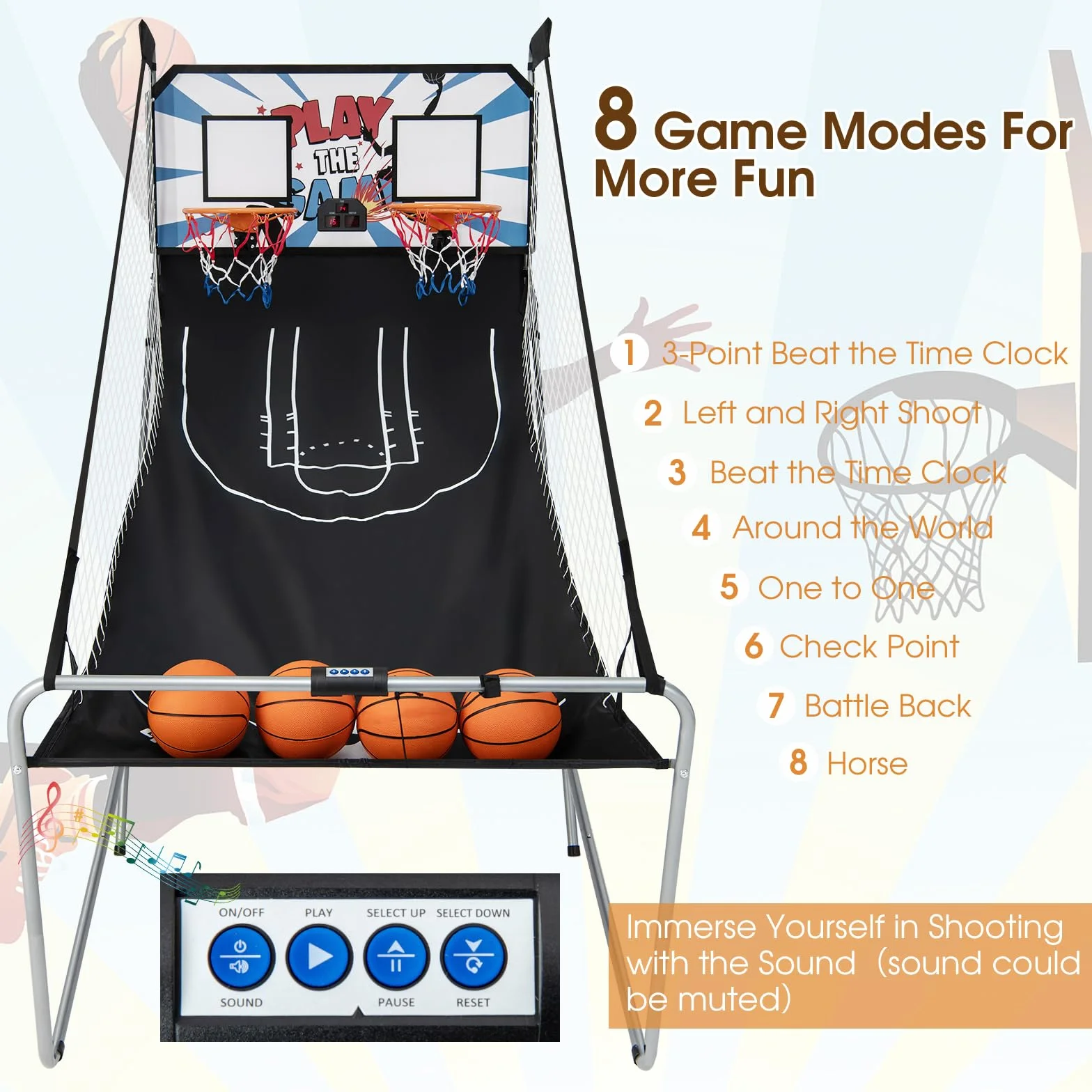 KOMFOTTEU Juego de Canasta de Baloncesto Plegable Doble Canasta con Contador Electrónico 8 en 1 Máquina de Tiro 202x107x205 cm