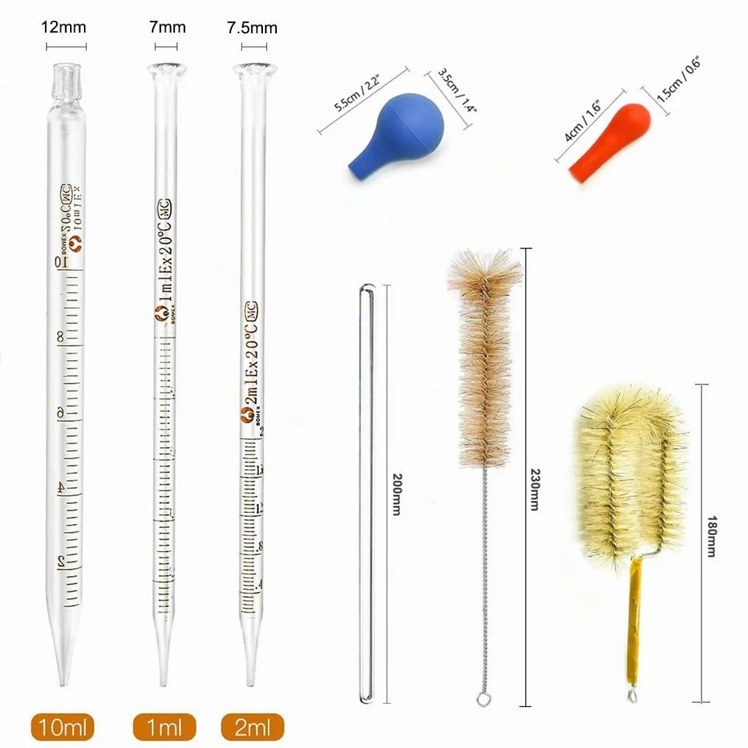 Set de Vasos de Precipitados de Cristal 50ml 100ml 250ml 500ml 1000ml Cilindro Graduado Laboratorio 10ml 25ml 50ml 100ml con Goteros Varillas Agitar Cepillos Limpieza