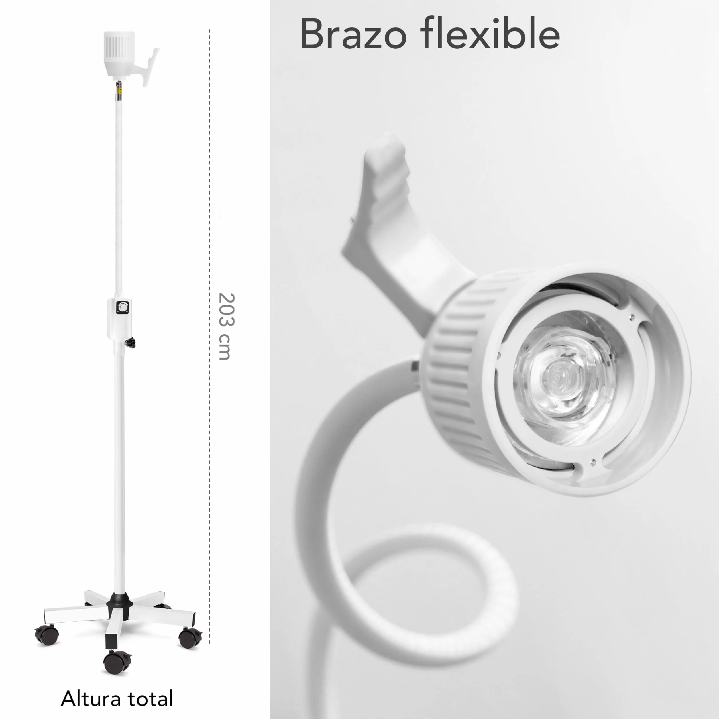 AIESI® Lámpara de exploración médica LED con brazo flexible en soporte con ruedas giratorias para uso médico, Articulación direccional, Garantía 24 meses