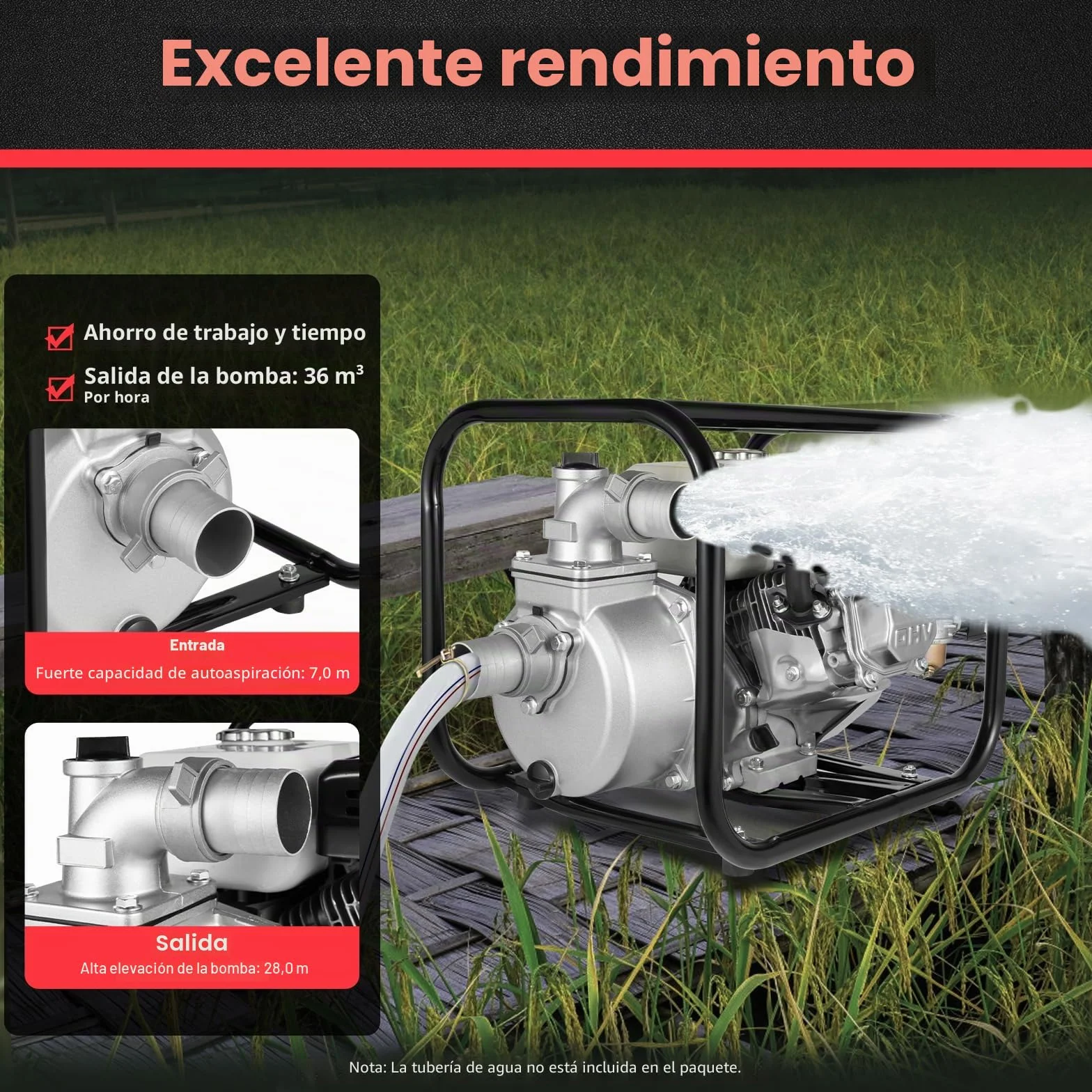 Bomba de agua gasolina 6,5 CV, motor de 4 tiempos 210 cc Motobomba de agua a gasolina, 4,8kW Bomba de jardín 2 pulgadas | Caudal 36 m³/h | elevación: 28 m | succión: 7 m | Riego, Drenaje