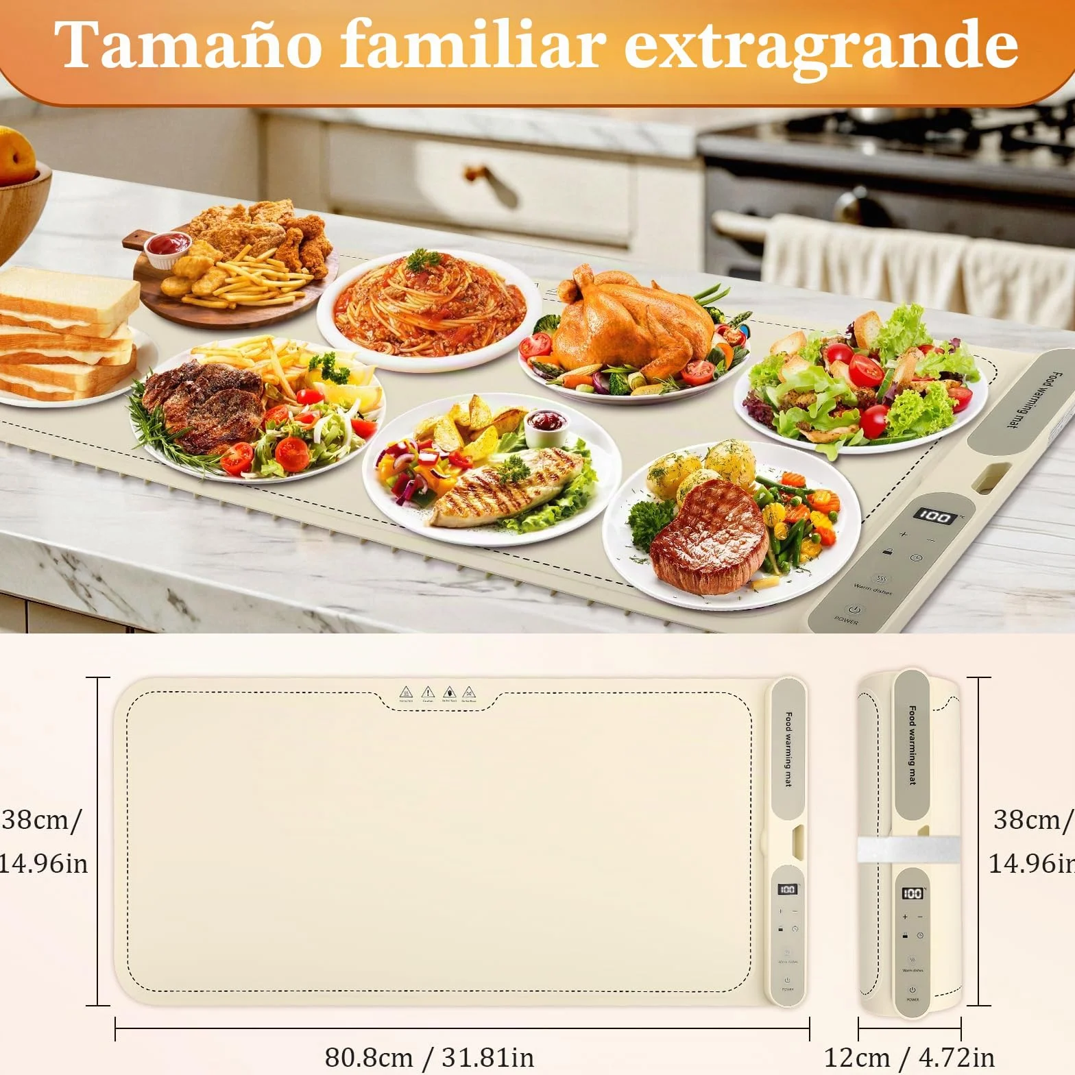Calentador de Alimentos Eléctrico - Control de Temperatura de 9 Niveles de 40-120 °C - Placa Caliente Flexible y Plegable con Temporizador - Para Bufés, Parrillas, Biberones - Fácil de Limpiar