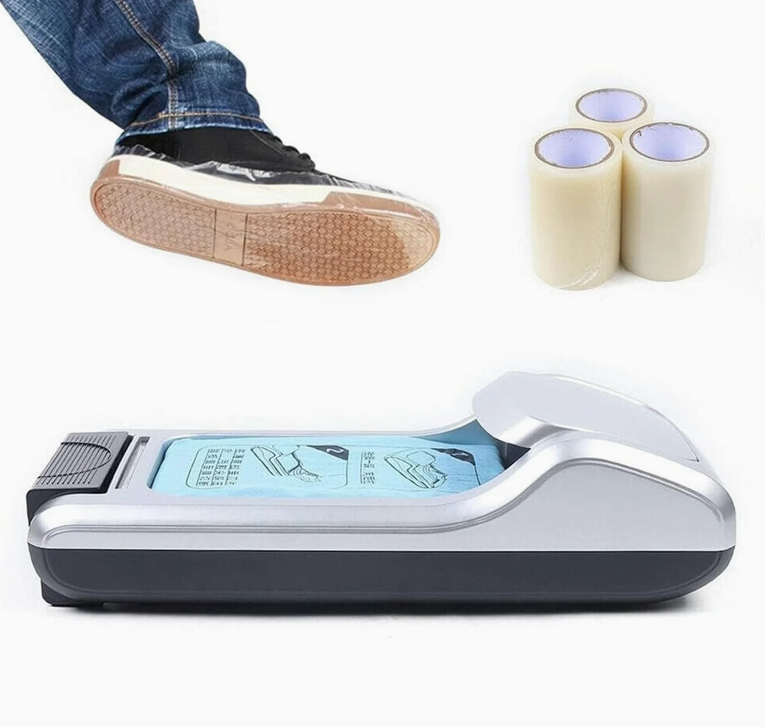 Dispensador AutomáTico de Fundas Desechables para Calzado con Recambio de 3 Rollos, MáQuina Dispensadora PortáTil para Cubrezapatos Hasta la Talla 12 de Hombre