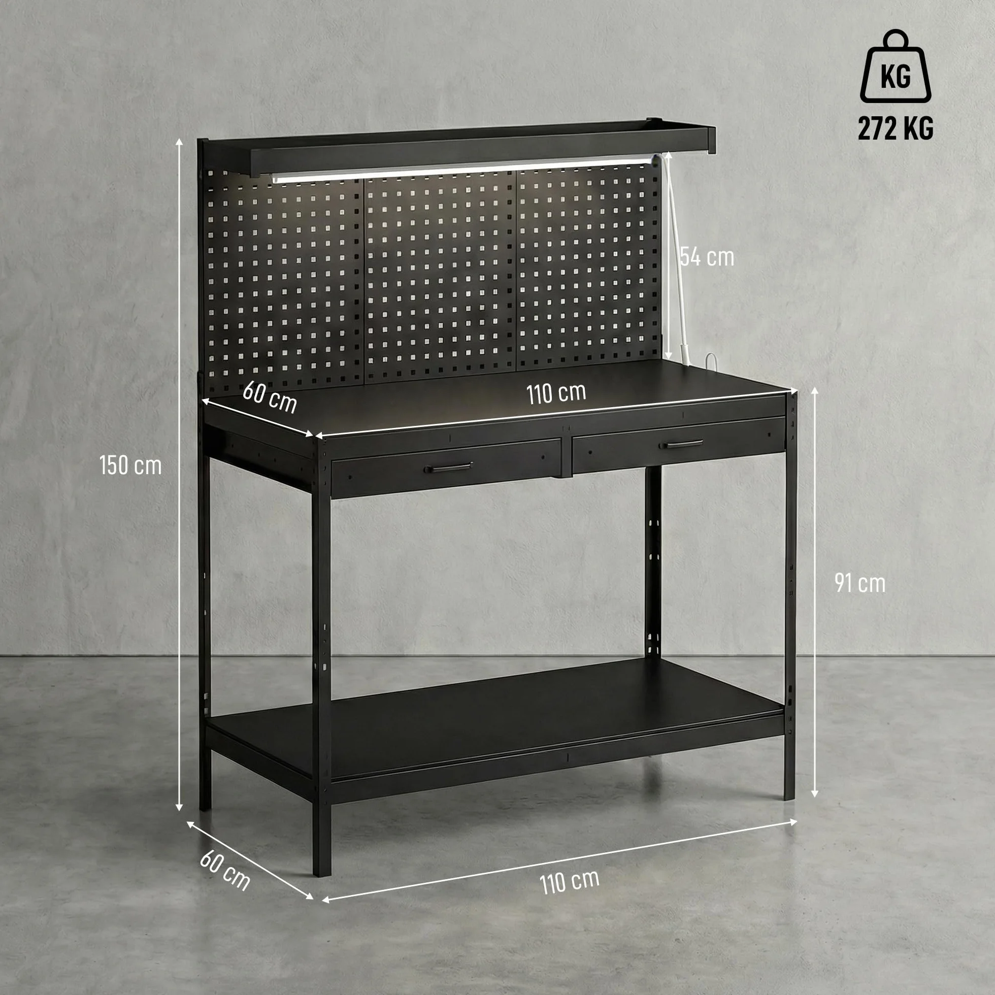 HOMCOM Banco de Trabajo, Carga 272 kg, 110x60x150 cm, Mesa de Trabajo con Tableros Perforados Metálicos, Toma de Corriente, Luces LED, 2 Cajones y Estantes, para Garaje y Taller, Negro
