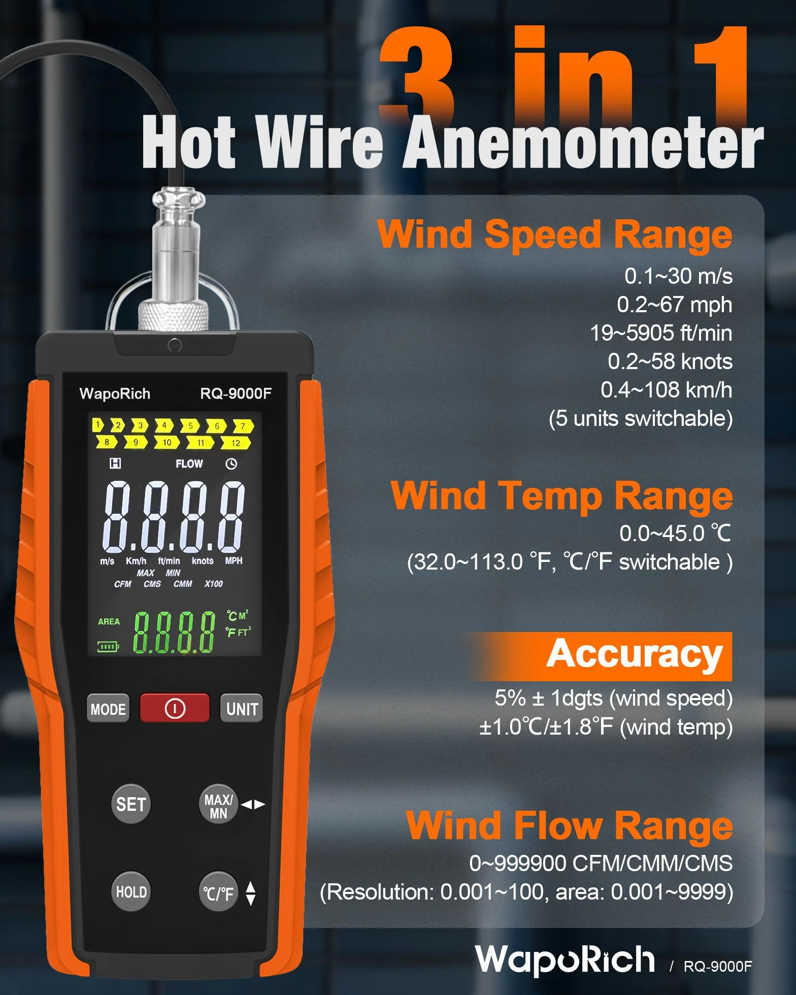 Anemómetro de Hilo Caliente Digital RQ-9000F Medidor Velocidad de Viento CFM CMM CMS Temp HVAC Kitesurf