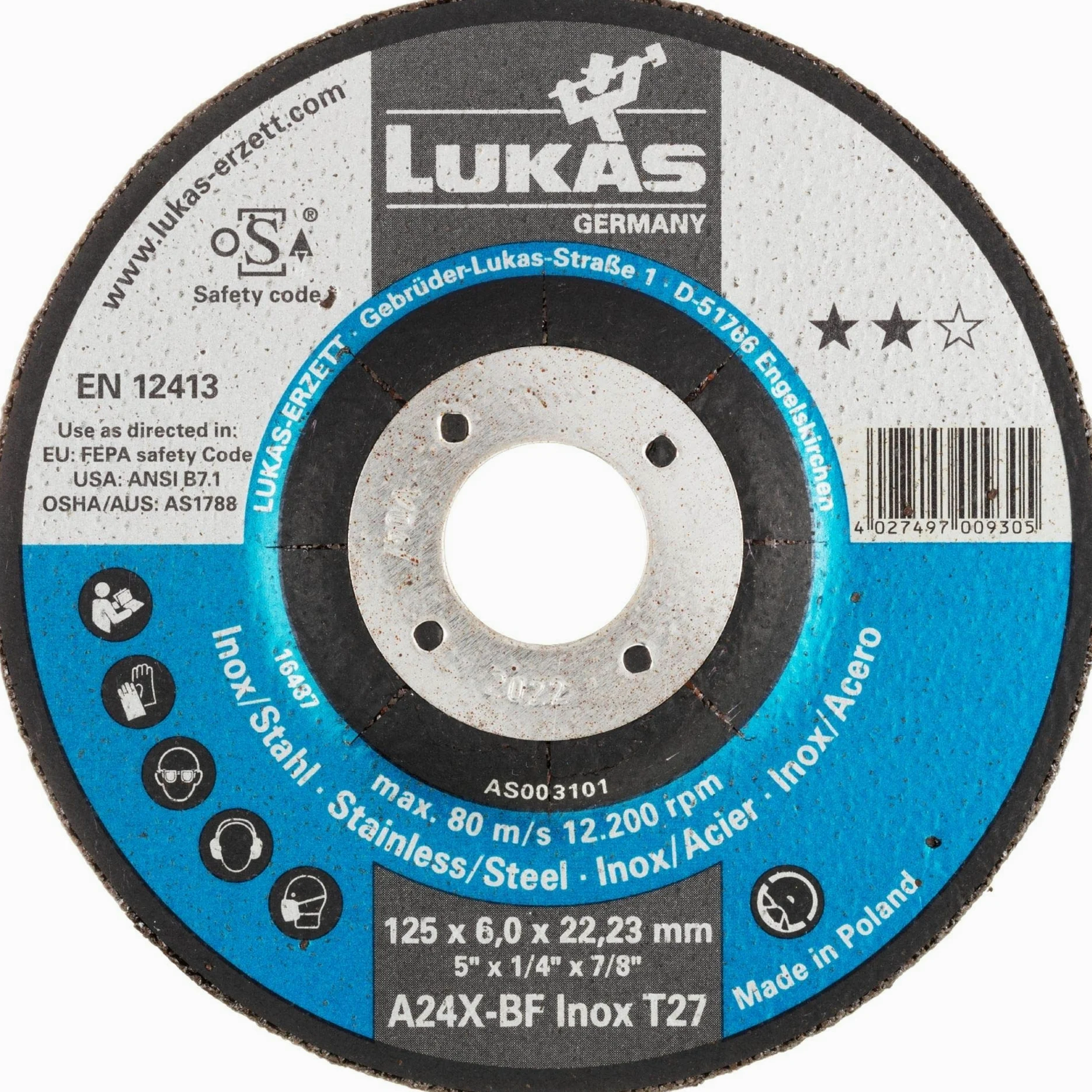 LUKAS A24X-BF - Disco de desbaste (T27, acero inoxidable, 230 x 6 mm, 10 unidades)
