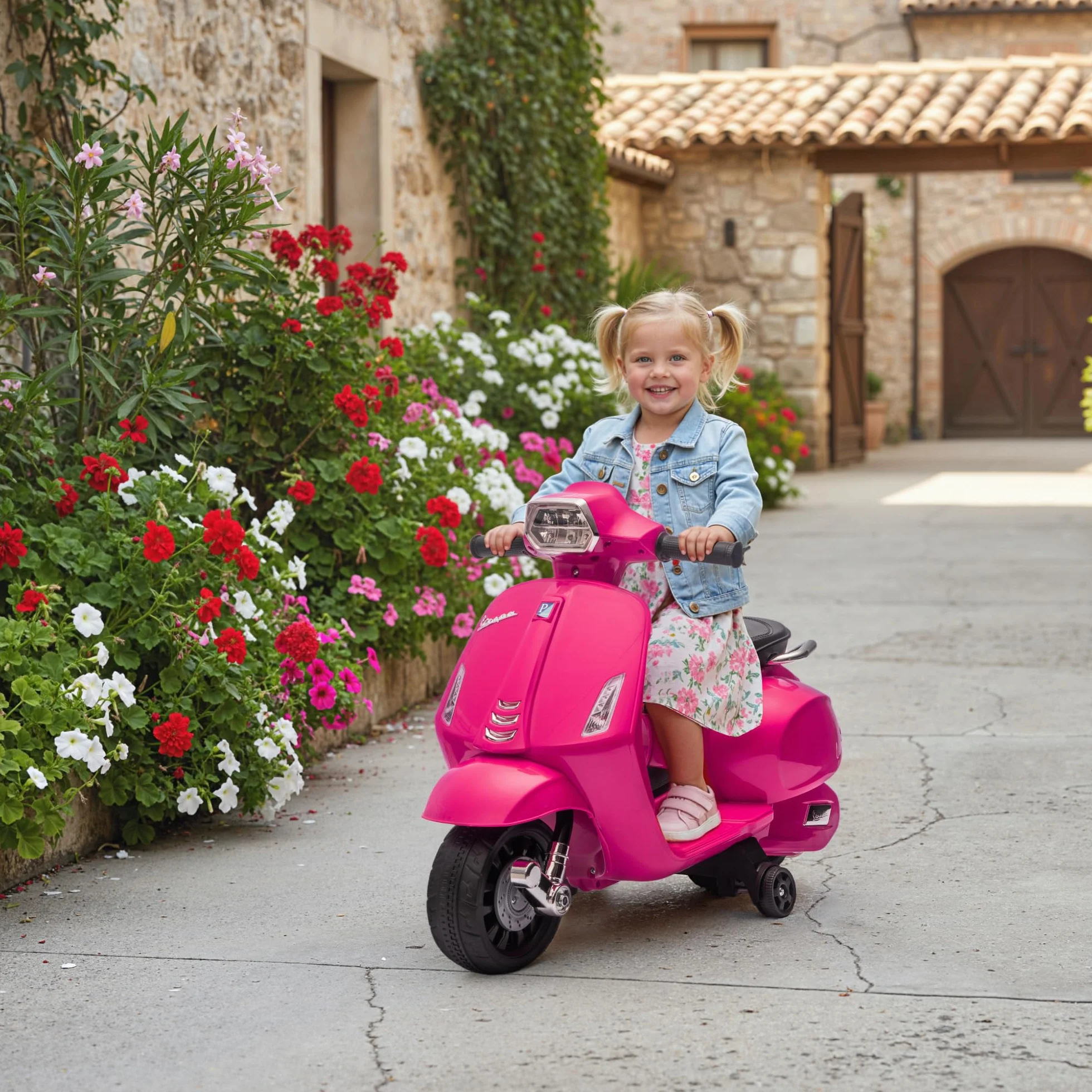 AIYAPLAY Moto Eléctrica para Niños 6V Vespa Licencia, Ruedas Auxiliares 6,9'', 2,5km/h, Faro Bocina, 2-6 Años Rosa