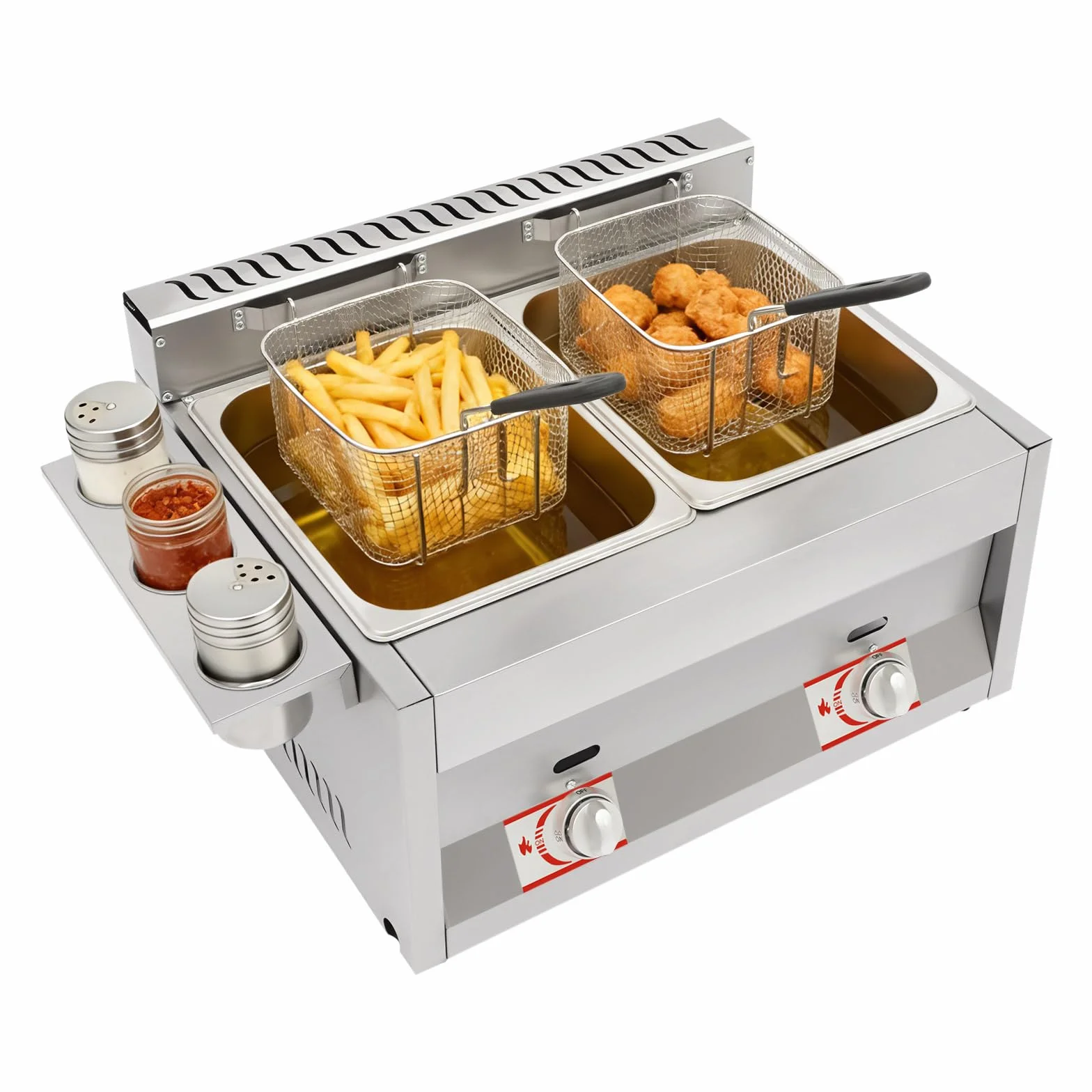 Freidora gastronómica doble de gas de acero inoxidable 430, 2 x 6,34 l, 50 – 380 °C, con tapa para patatas fritas, pollo, comercial, para restaurante, aperitivo, cocina comercial, fiesta
