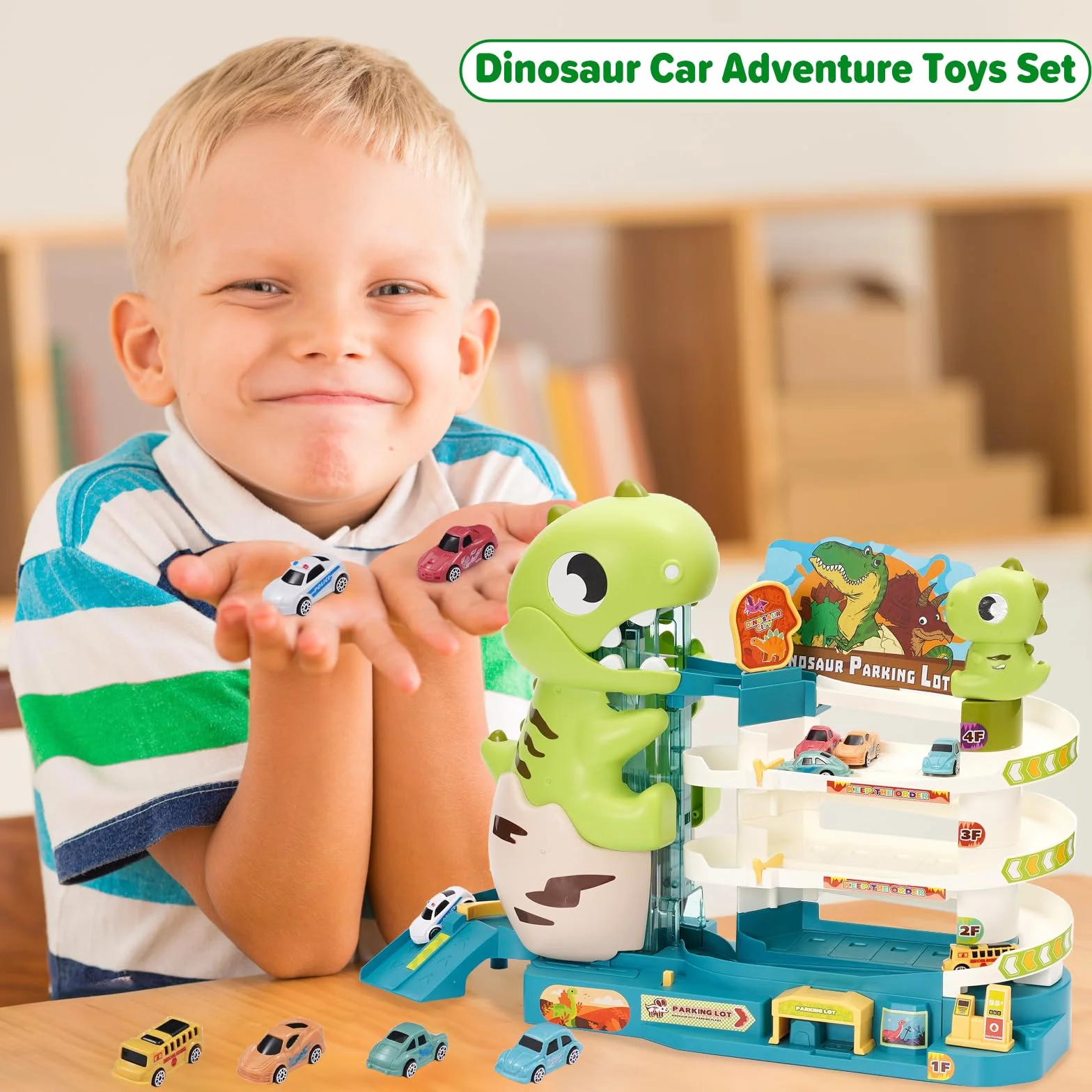Parking Coches Juguete con Tres Plantas y Elevador, Dinosaurio Pista con 6 Autos, Regalos Educativos para Niños 5-9 Años