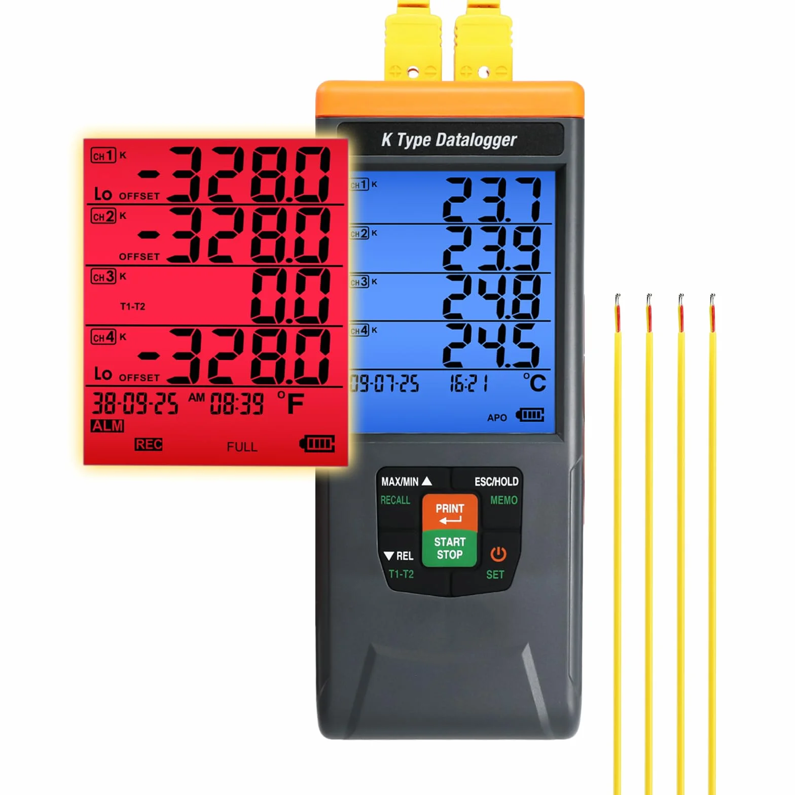 Registrador de Datos de Temperatura Termopar Tipo K de 4 Canales 328~2498℉ (-200~1370℃) con Alarmas Audibles/Visuales, Seguridad GLP, 48K Registros Pared | Escritorio para Laboratorio, Industrial