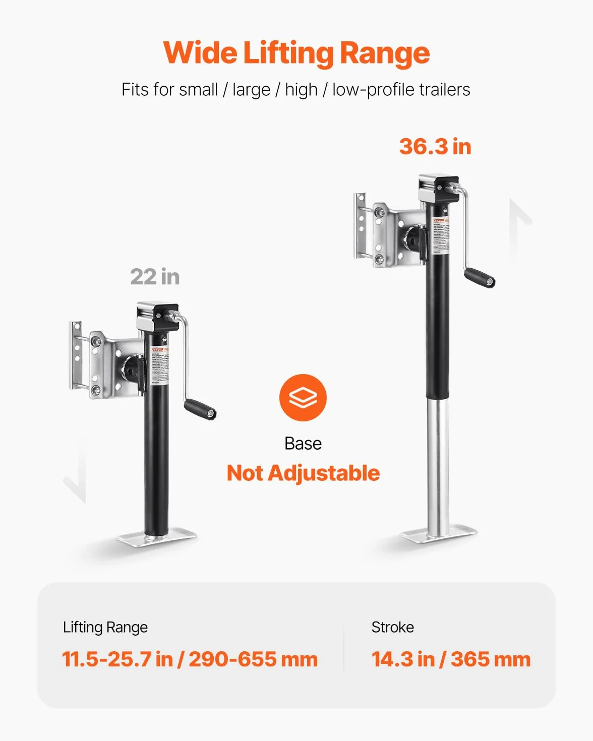 VEVOR Gato para Remolque, Capacidad de Carga Dinámica de 2267 kg, Gato para Remolque con Pernos Soporte de Elevación de 365 mm con Manija para Remolque de RV, Remolque para Yates, Remolque Utilitario