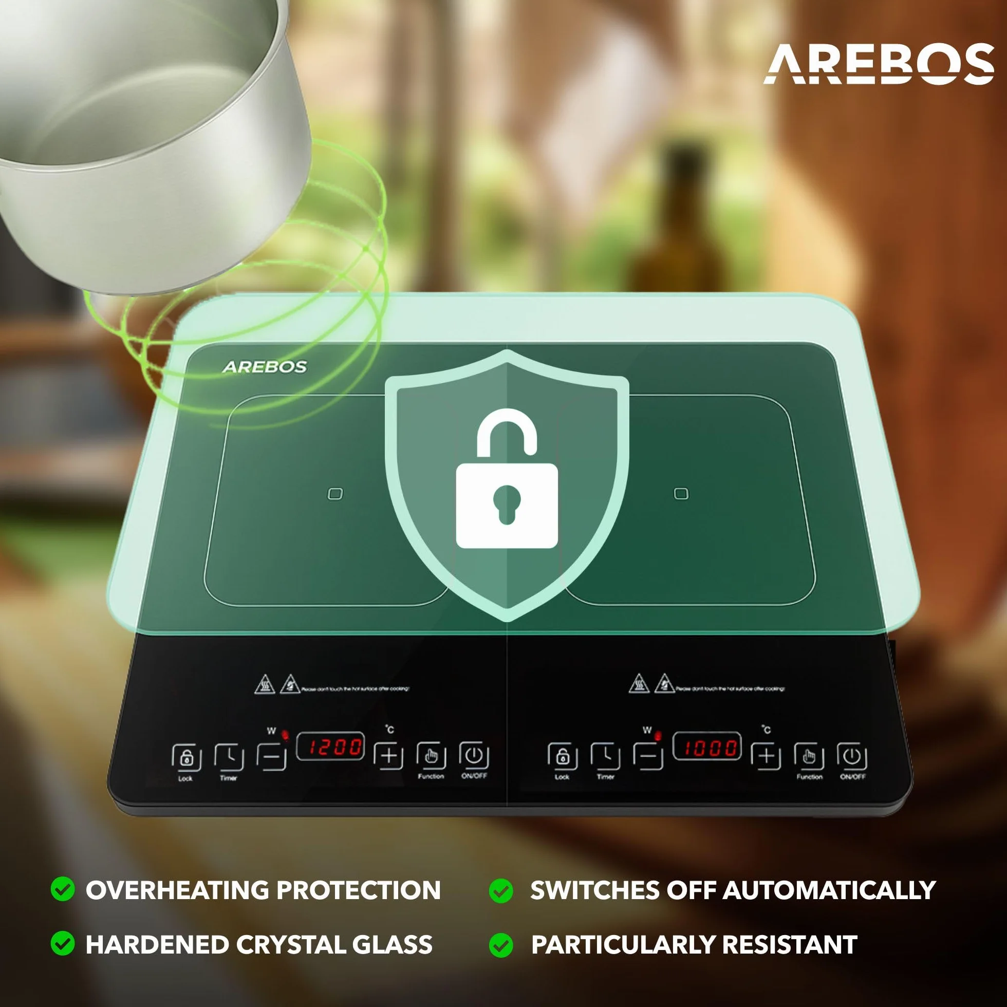 Arebos Placa de inducción doble 3500W 2 zonas cocción pantalla táctil temporizador portátil
