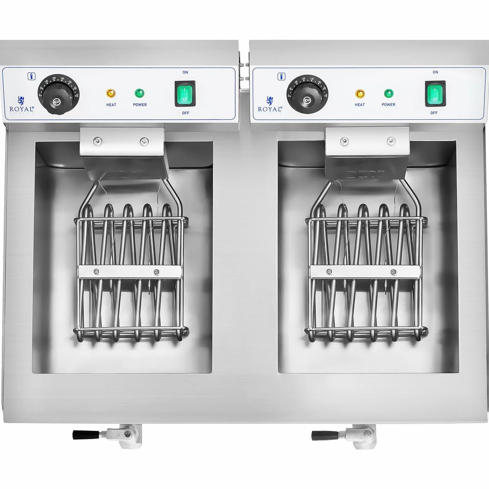 Royal Catering Freidora Electrica Profesional Doble RCEF 16DH-1 (2 x 16 L, 2 x 3 200 Watt, Termostato, 2 Grifos de vaciado, Acero inoxidable)