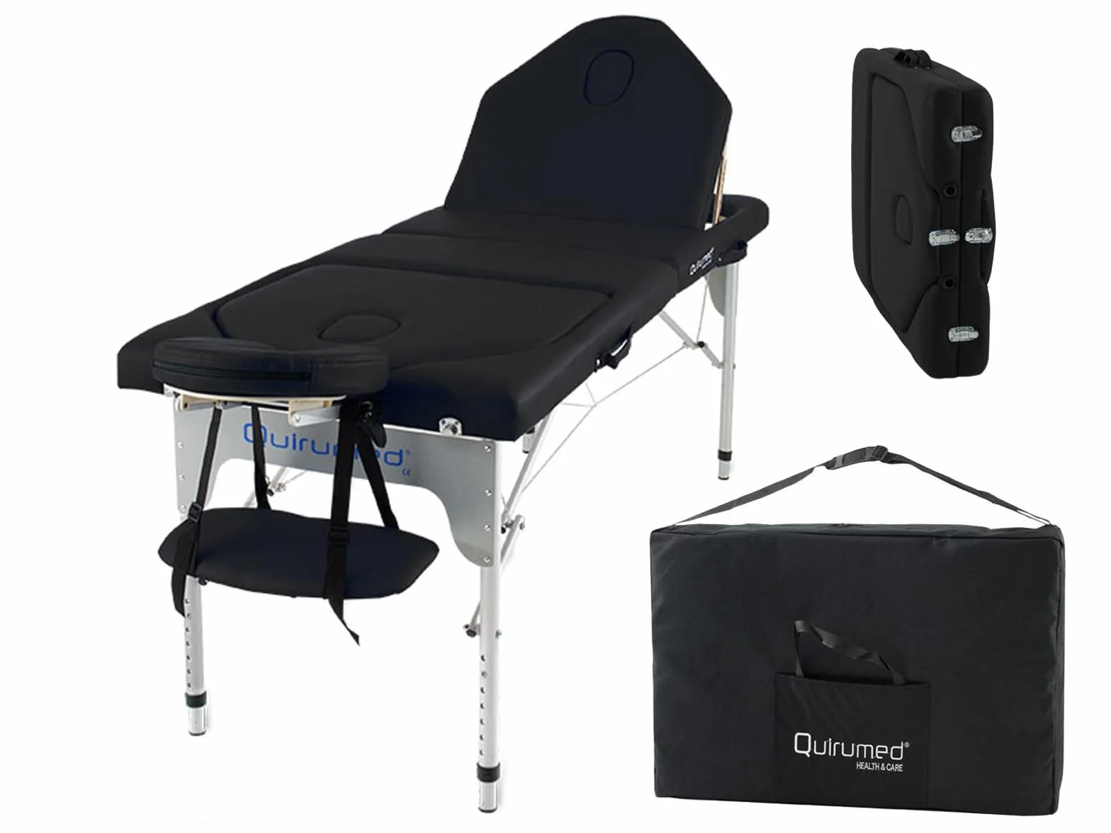 QUIRUMED Camilla Plegable, con Doble Respaldo Abatible, Aluminio, Polipiel, Color Negro, 186 x 66 cm, Portátil, Cabezal extraíble, Orificio Facial, Altura Regulable, hasta 150 kg