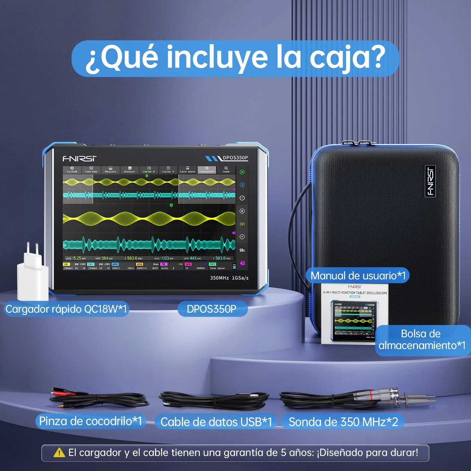 FNIRSI DPOS350P Osciloscopio de Tableta 4 en 1 de 350 MHz, Analizador de Espectro de 200 KHz~350 MHz, Analizador de Respuesta de Frecuencia y Generador DDS, Osciloscopio Portátil de 2CH y 1 GSa/s