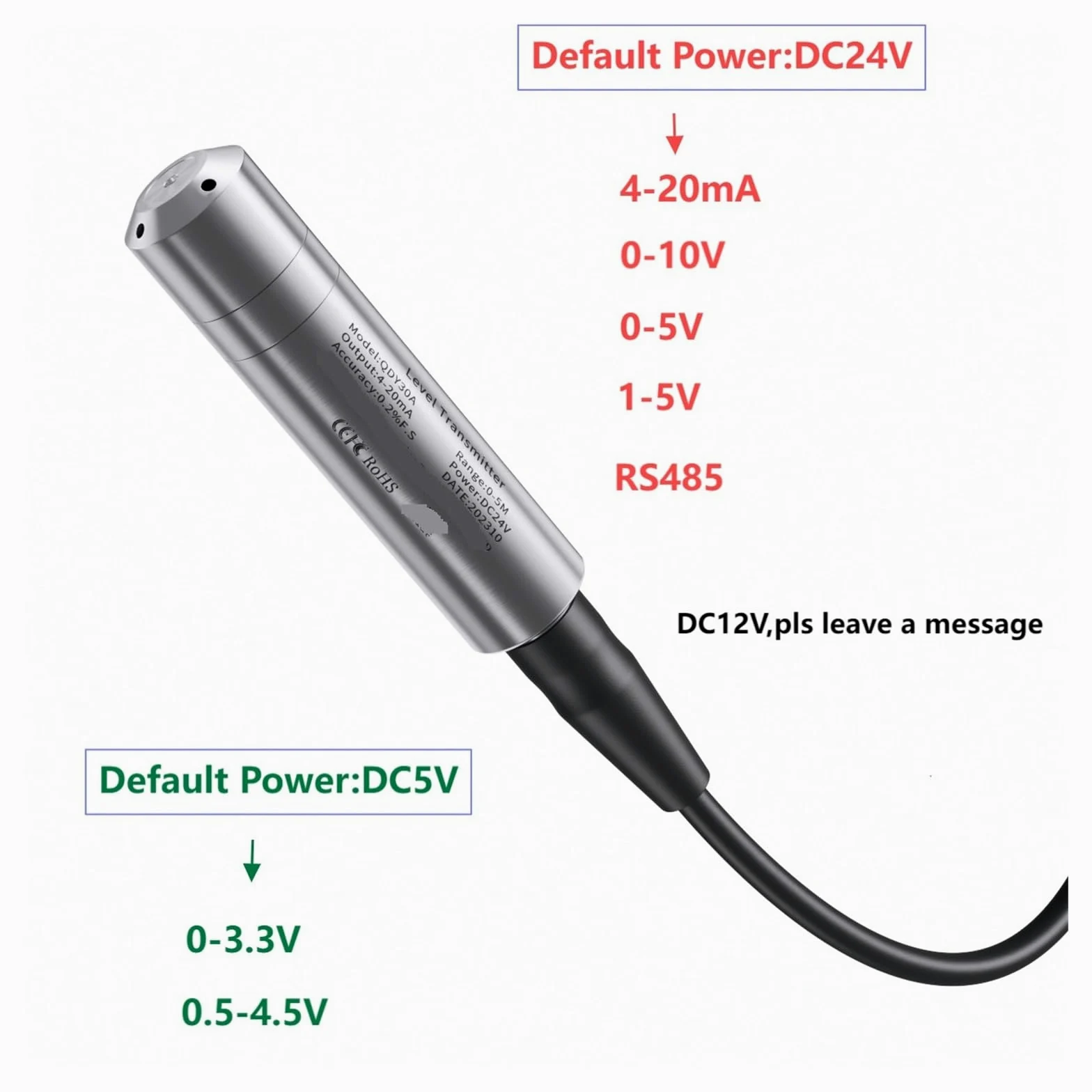 Transmisor de nivel de líquido hidrostático, 1 ud.(4-20mA output,3 meters Range 5m Cable)