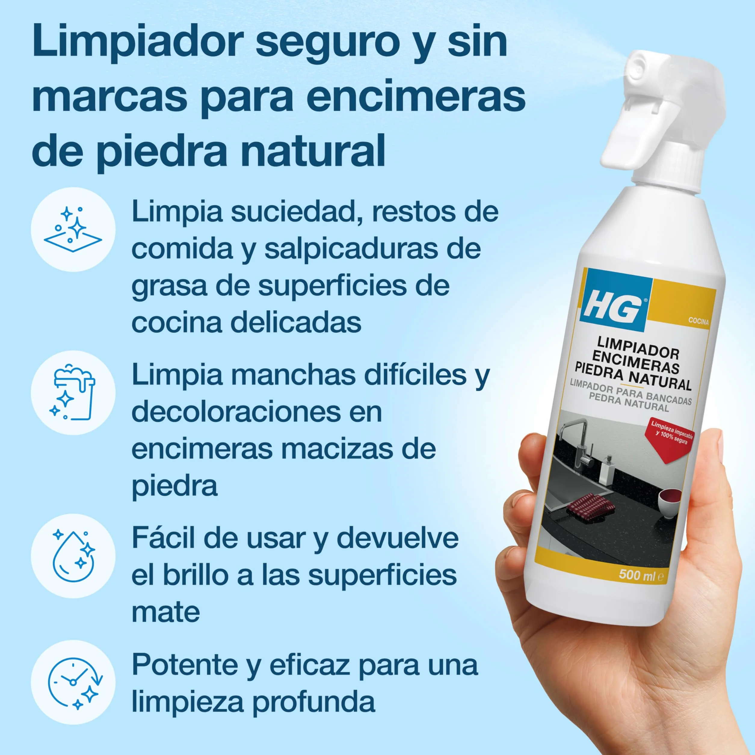 HG Limpiador Encimeras Piedra Natural 500 ml Quitamanchas Cuarzo Granito Mármol