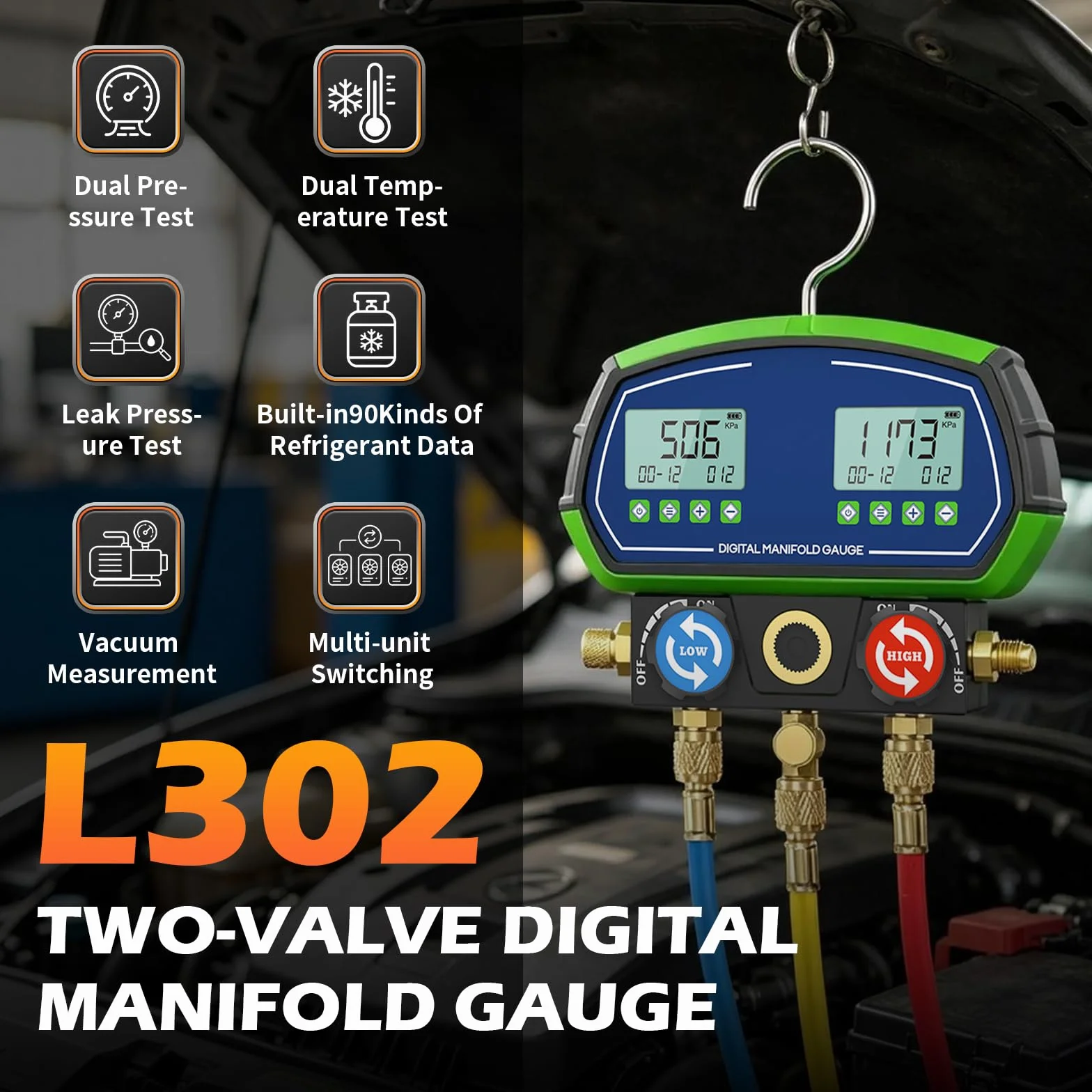 Manómetro Digital de Colector, L302 Indicador de Refrigerante HVAC Medidor de Colector para R32 R134a R410a 90 etc, Terminador Mecánico de Colector Inteligente (L302)
