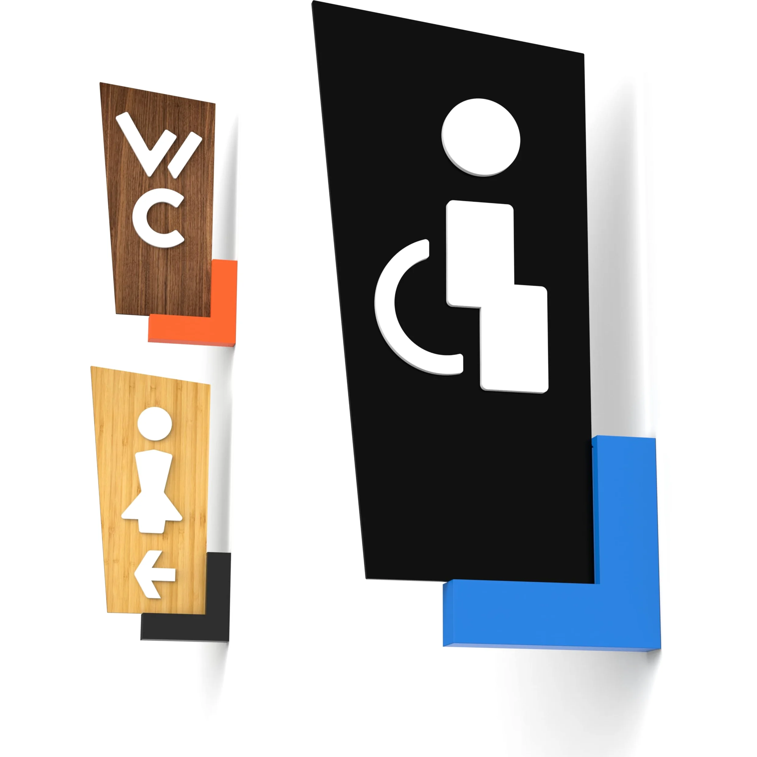3x Carteles de Baño Personalizables – Pictogramas a Elegir – Señalética WC Hombre Mujer Discapacitados – Letrero de Pared Doble Cara con Soporte de Color y Flecha Direccional