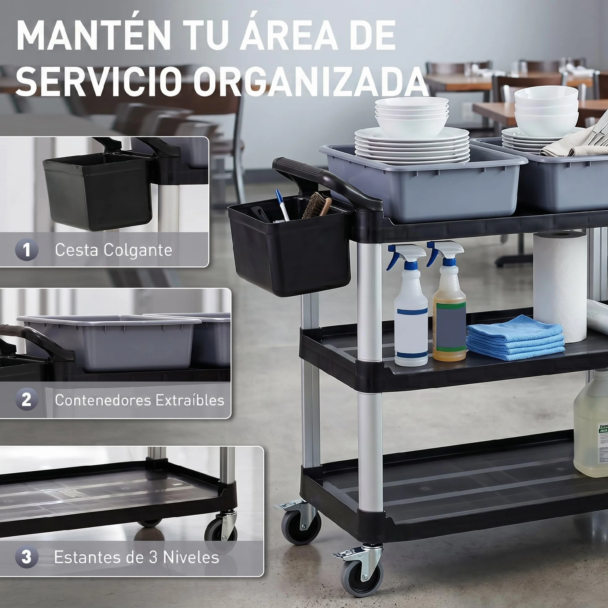 HOMCOM Carro de Limpieza con Ruedas, Carro de Servicio con 3 Estantes, 2 Contenedores y Cubo Lateral Colgante, Estructura de Aluminio, Carga 100 kg, 115x50x100 cm, Negro