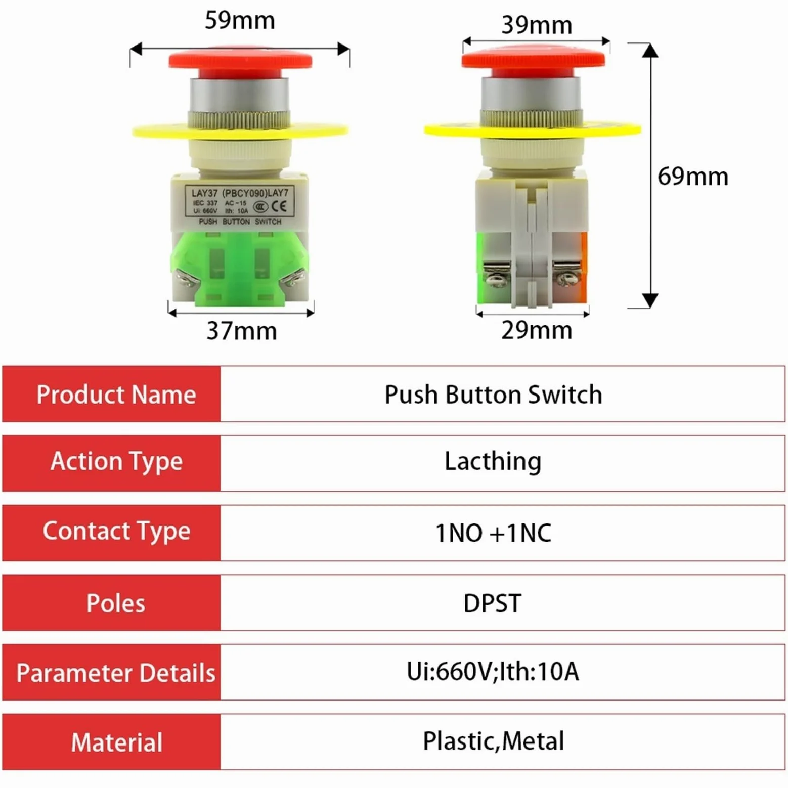 Interruptor de botón de parada de emergencia DPST, tapa de hongo roja, 1NO, 1NC, CA 660 V, 10 A, con enclavamiento y bloqueo automático, for ascensores, 2 unidades(30pcs)