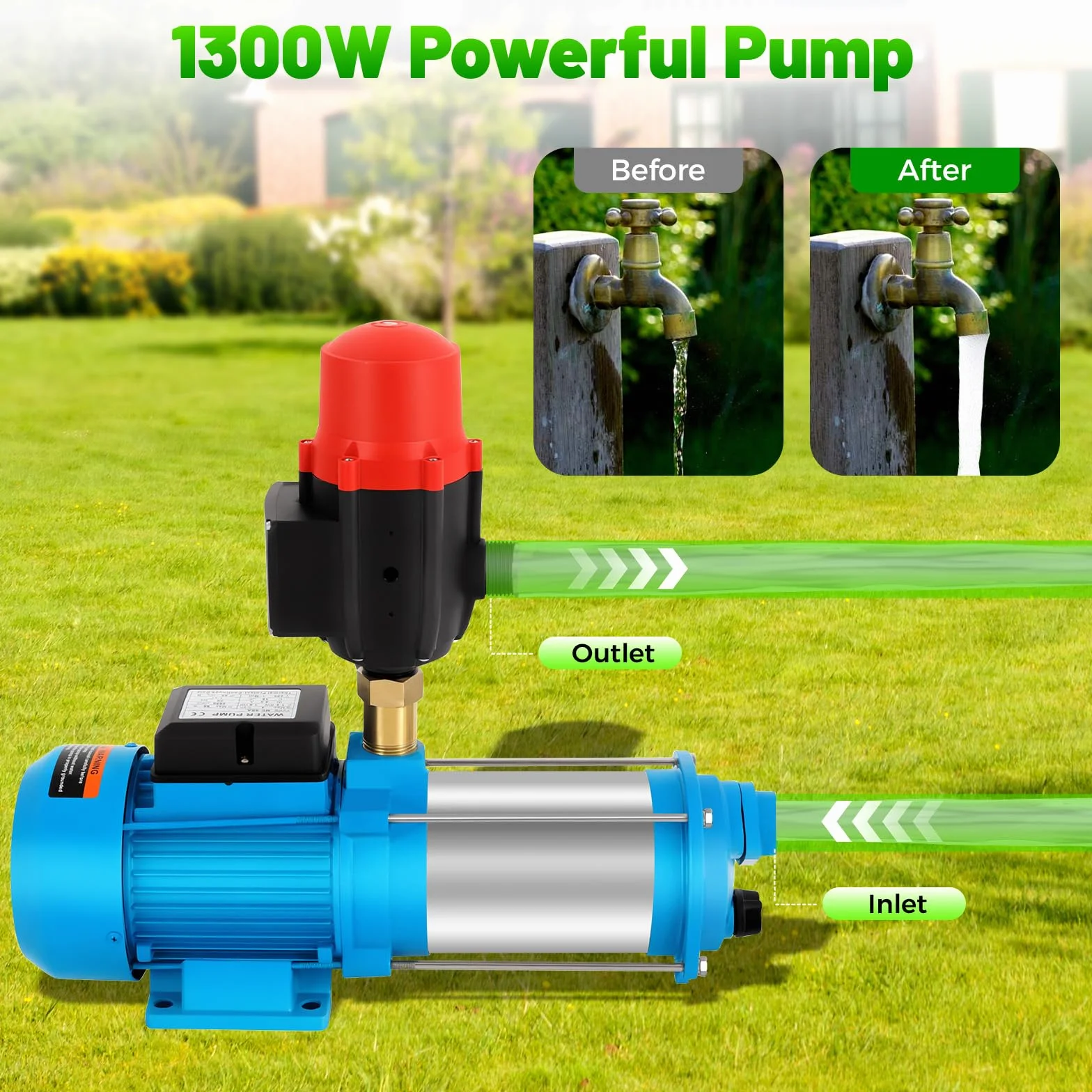Bomba centrífuga SHIOUCY de 1300 W, 6000 L/H, bomba de agua doméstica, turquesa, acero inoxidable, 9,8 bar