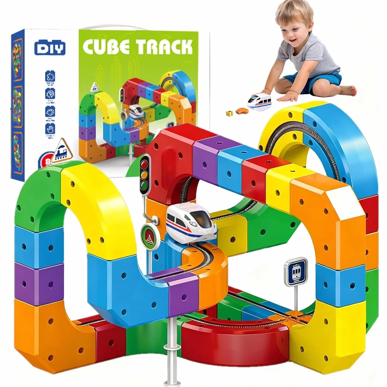 Clickrail Electric Train Set 81 Piezas Flexible Racing DIY Cube Track Block Gravity Defying 3D Layouts Imán Ferrocarril Magic Rail Block Juguete Regalo Niños