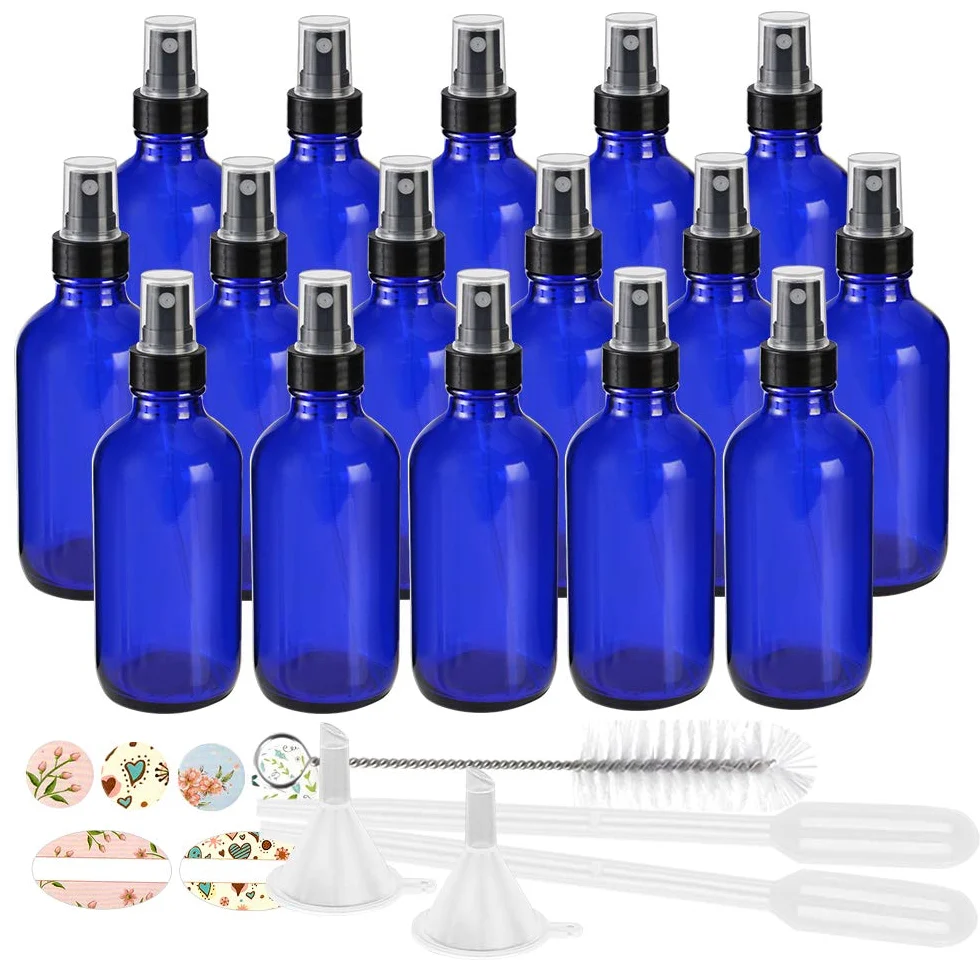 STARSIDE Paquete de 16 botellas de vidrio azul de 120 ml con pulverizador de niebla fina y tapa antipolvo para aceites esenciales, perfumes, productos de limpieza. Incluye 1 cepillo, 2 embudos, 2