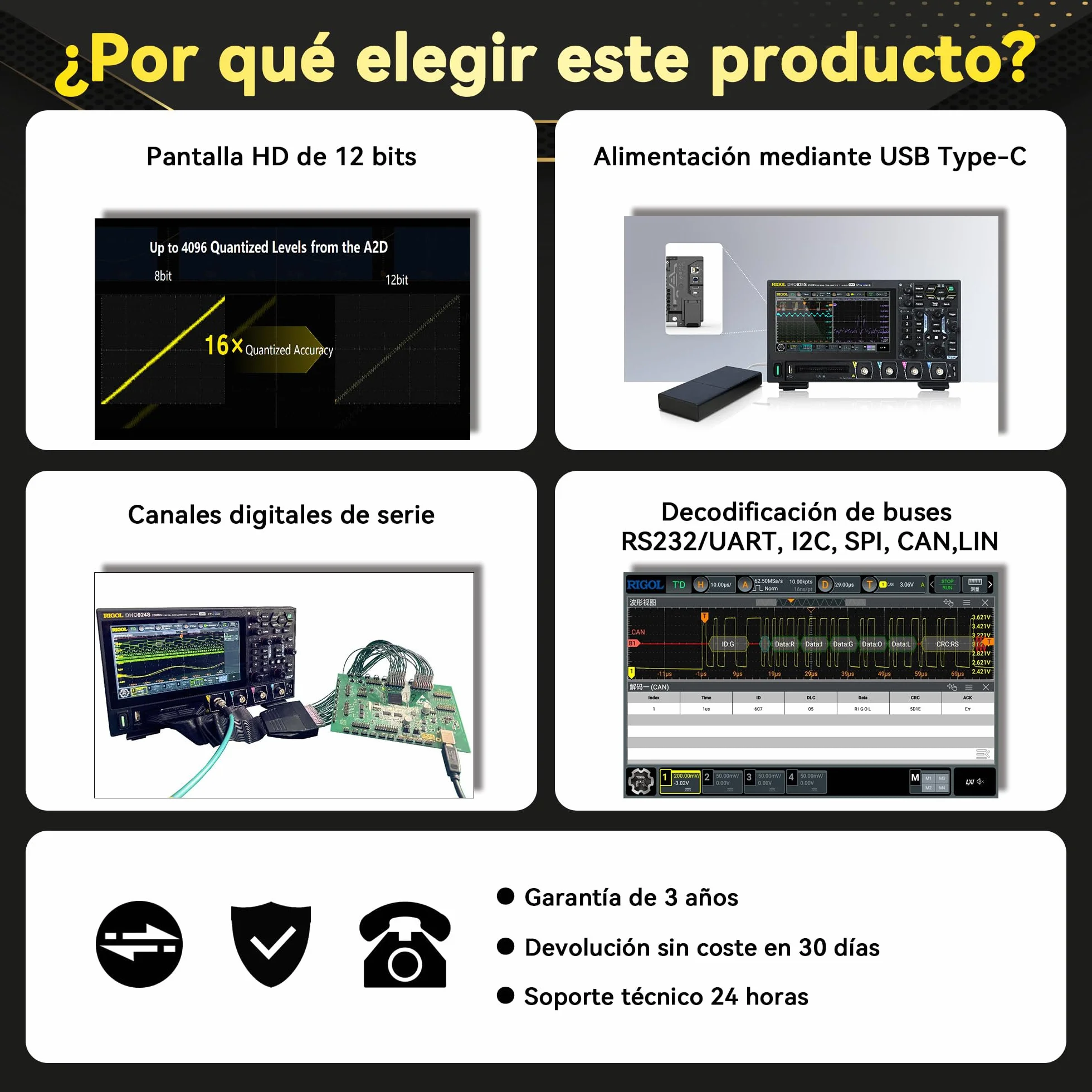 RIGOL Osciloscopio,DHO924S Osciloscopio Digital Portatil,250MHz,4A+16D canales,Resolución 12 bits,Pantalla táctil HD 7",Generador de señales integrado,Para pruebas en campo y enseñanza en laboratorio