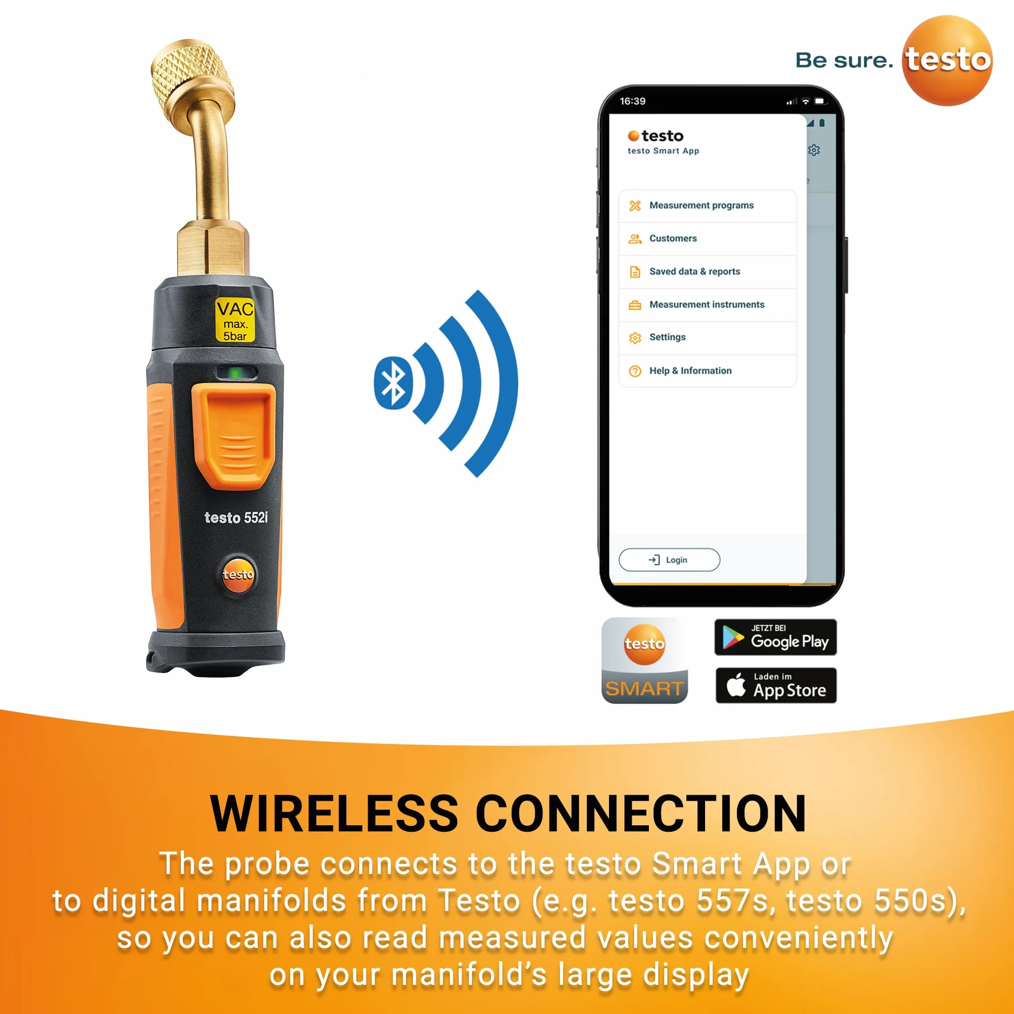 testo Sonda de vacío inalámbrica controlada por aplicación 552i para sistemas HVAC – con Bluetooth