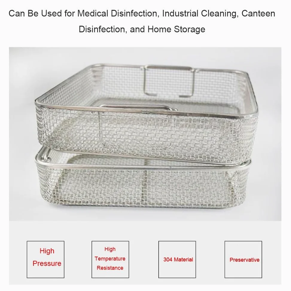 Cesta de esterilización, malla de acero inoxidable 304 perforada con asa retráctil para laboratorio de hospital, 25 cm x 15 cm x 7 cm