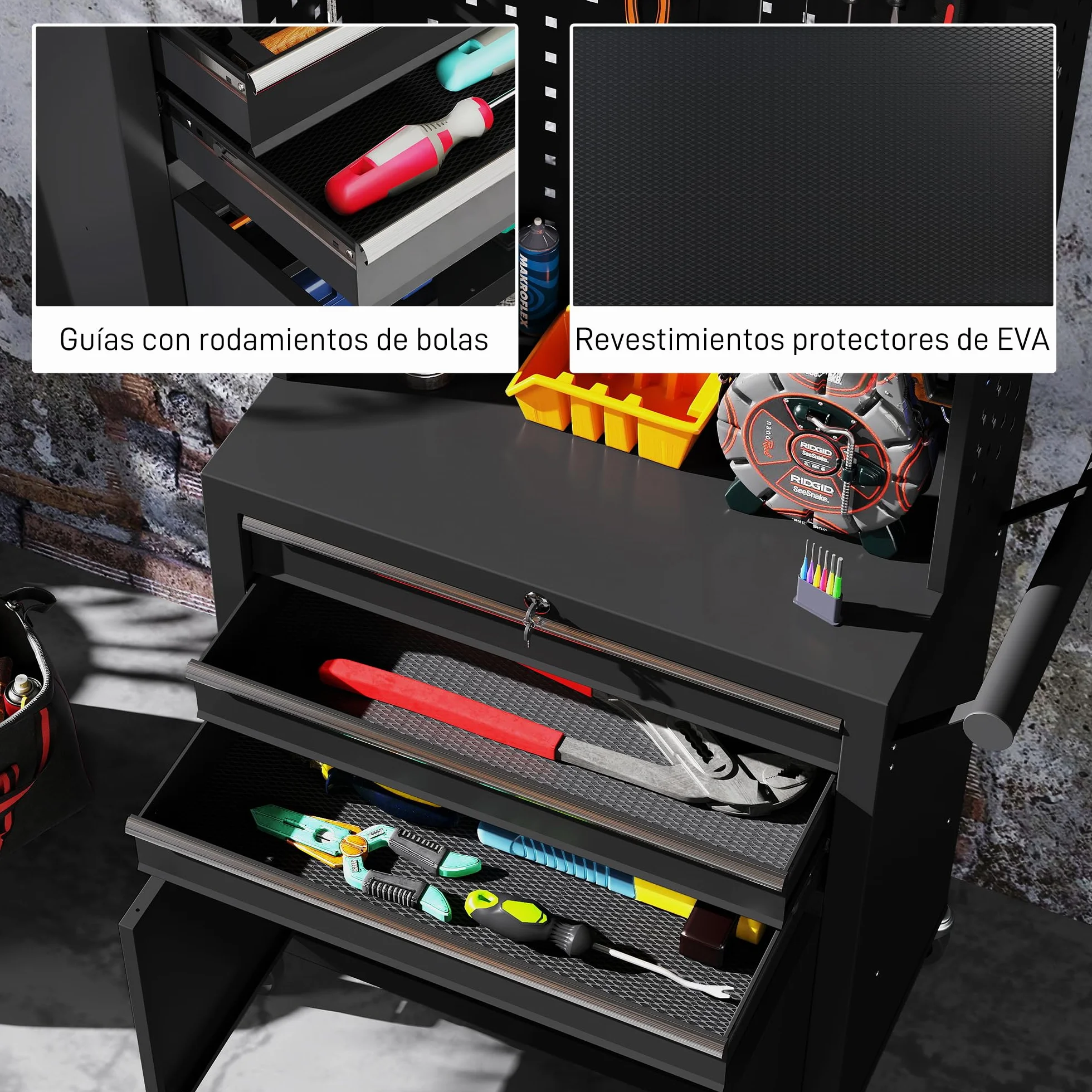 HOMCOM Carro de Herramientas con 3 Cajones y Tabla de Pegboard, Carro de Taller, Cerradura por Llave, Estante Ajustable, 2 Ruedas con Freno de Bloqueo, Negro