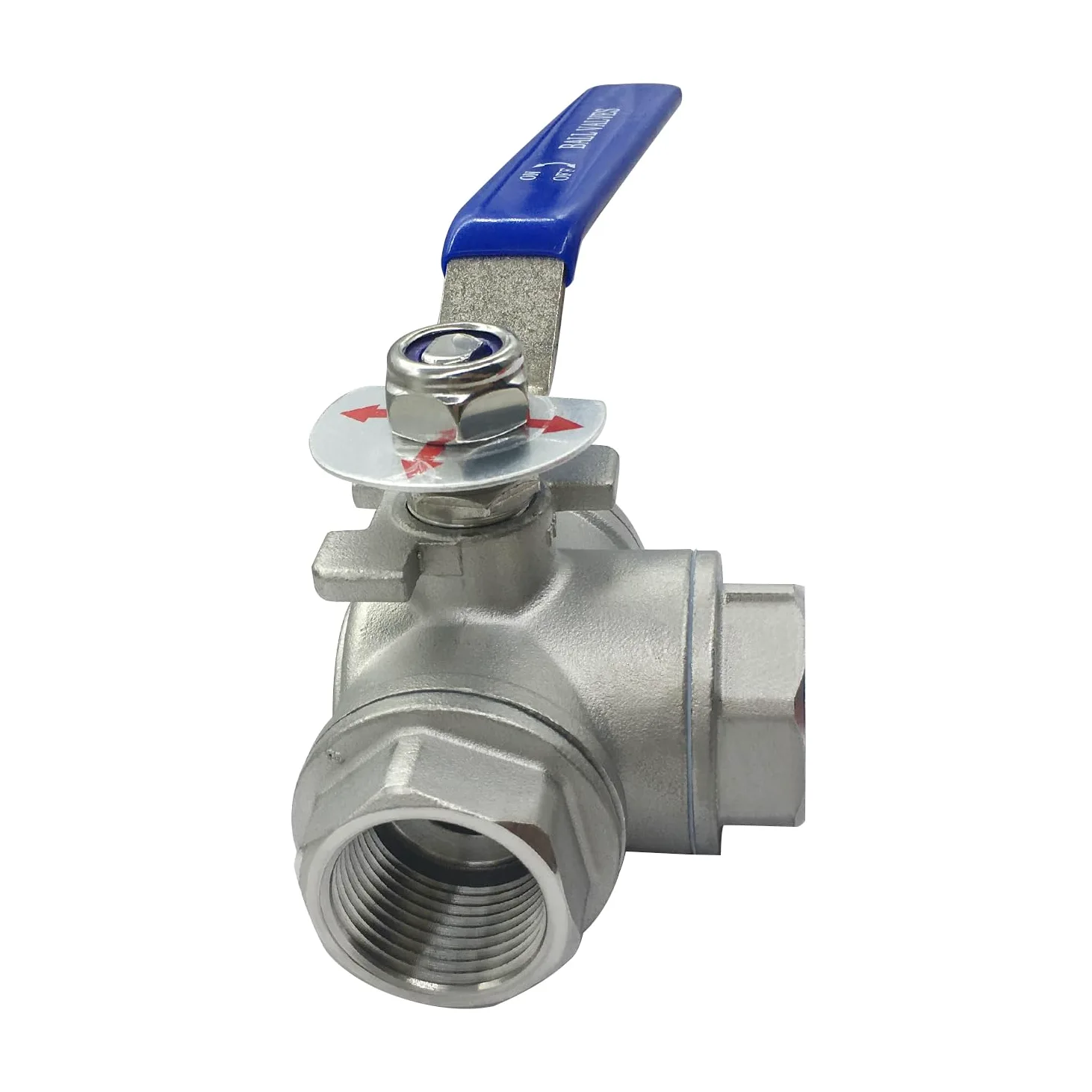 Beduan Válvula de bola de 3 vías de acero inoxidable 304 T, almohadilla de montaje tipo hembra para agua, aceite, combustible y gas con mango de bloqueo de vinilo (1 pulgada NPT)