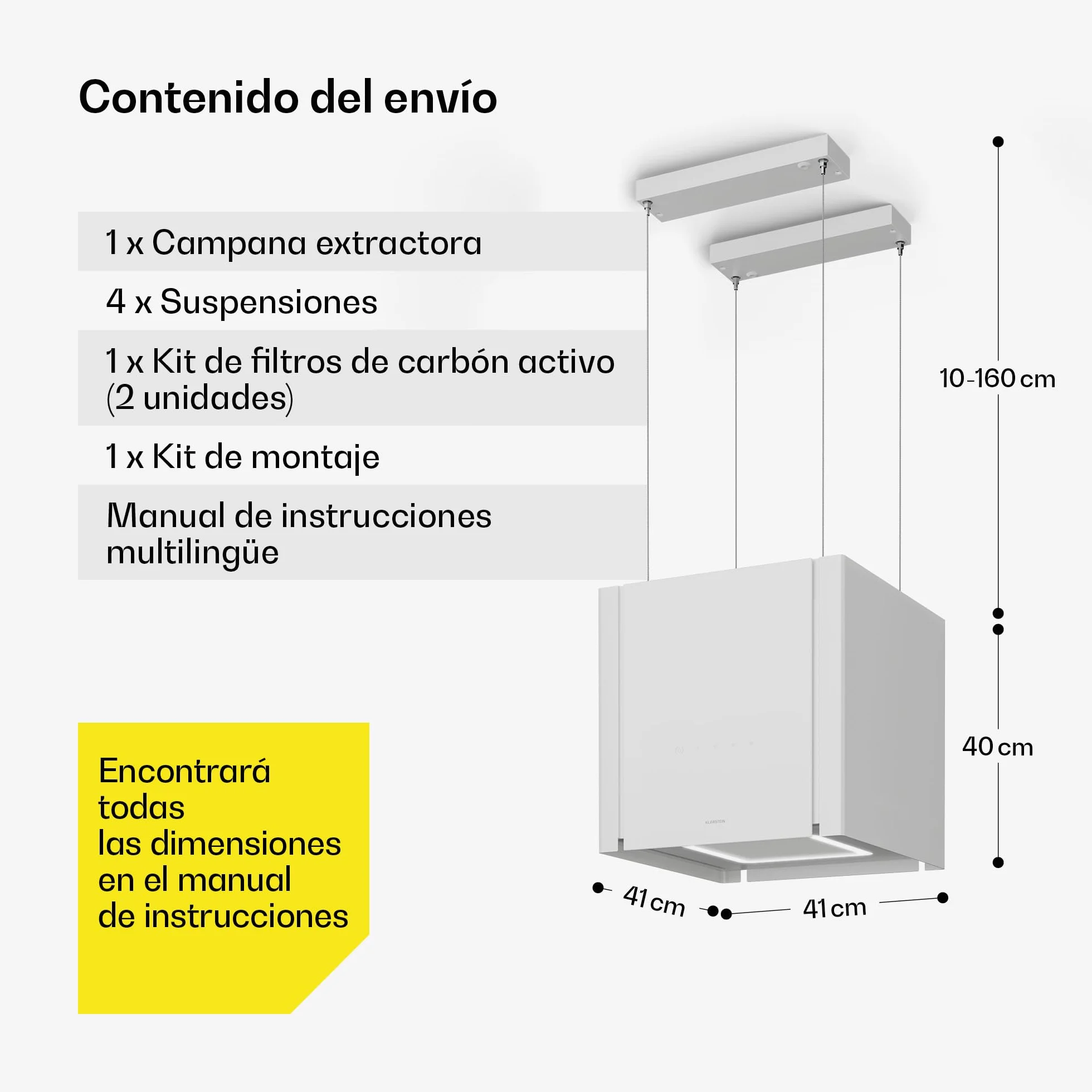 Klarstein Velaire Campana Extractora de Techo 601 m³/h 40 cm Elevable A++ Blanco