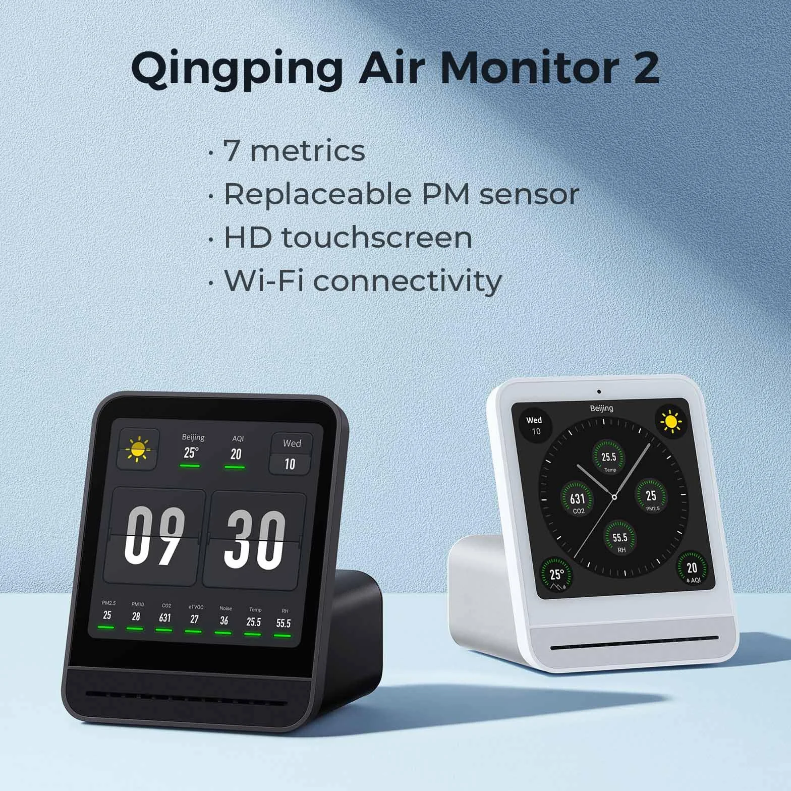 Qingping Air Quality Monitor Gen 2, Air Quality Monitor Indoor Detects PM2.5, CO2, PM10, Noise, Temperature and Humidity, New Upgraded Alarm Clock Function, Air Quality Tester for Bedroom (Black)
