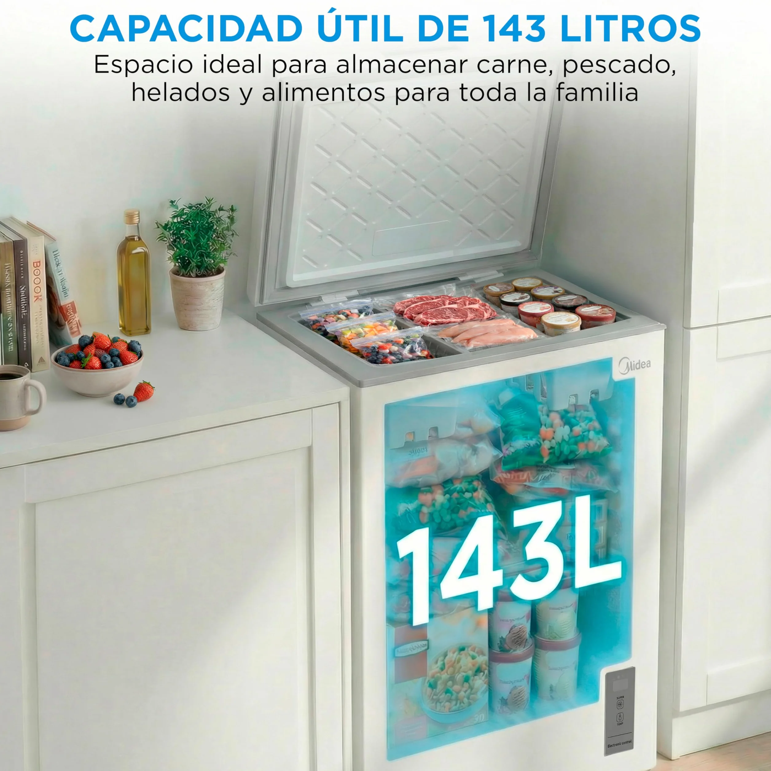 MIDEA Congelador Horizontal 143L Inverter Convertible Frigorífico Silencioso 37dB Bajo Consumo
